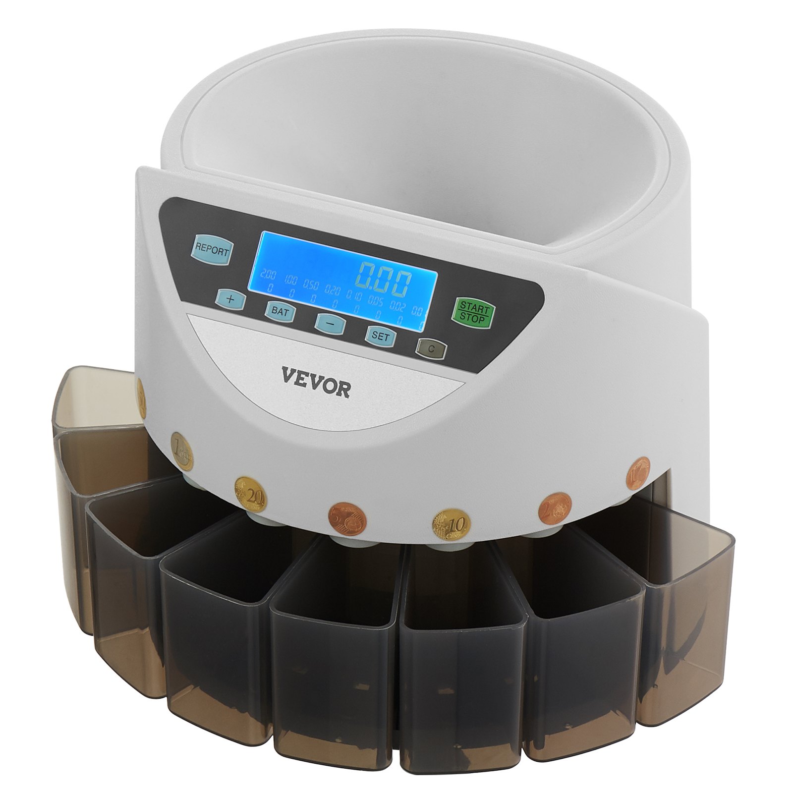VEVOR Clasificadora de Monedas EURO, Contadora de Monedas para 8 Tipos de Monedas de Euro con Pantalla LCD, Almacenamiento de Monedas, 5 Tubos y Cajas para Monedas Admite hasta 850 Monedas