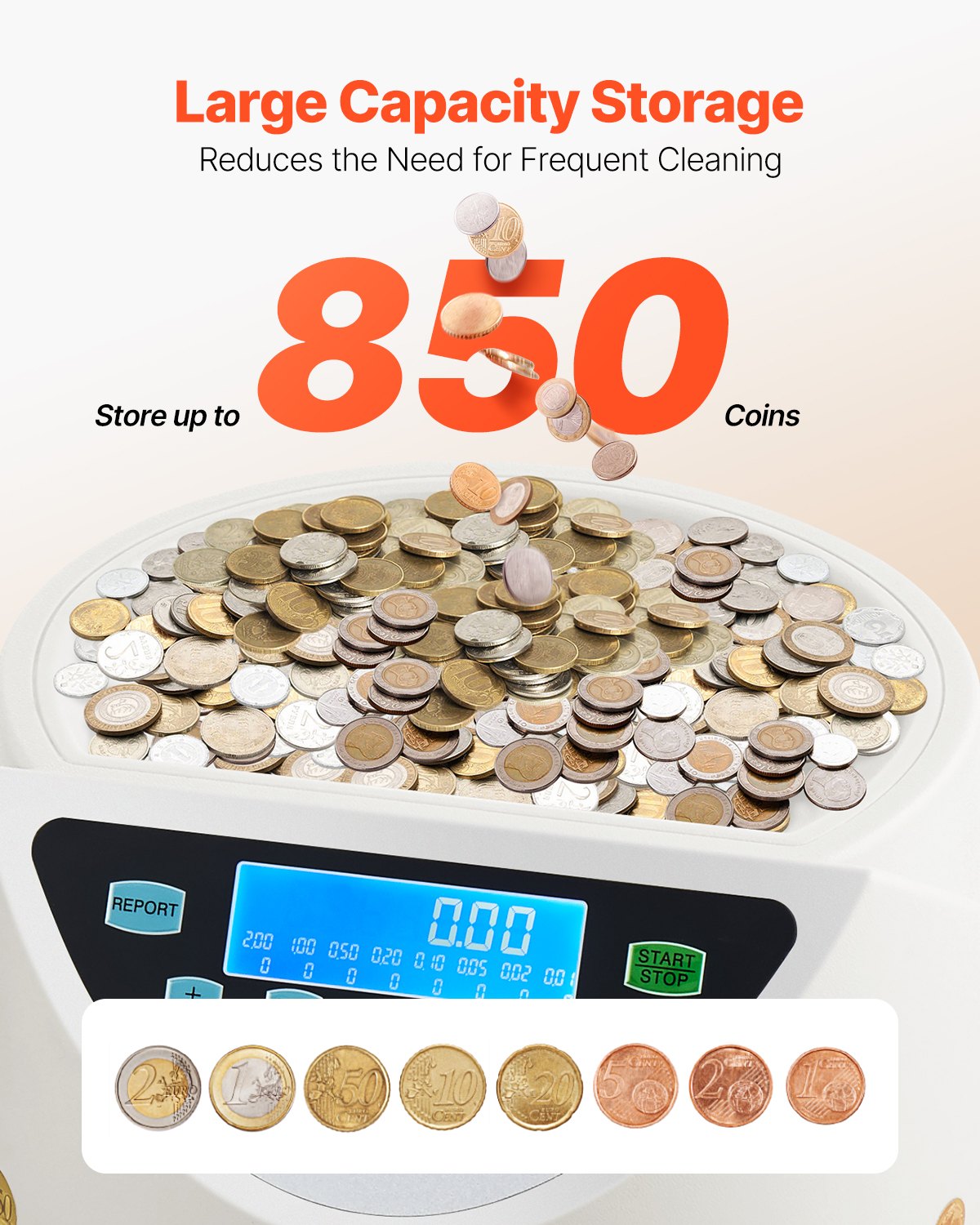 VEVOR Euro Coin Sorter, Coin Counting Machine for 8 Types of Euro Coins, Automatic Coin Counting Machine for up to 850 Coins, Large LCD Display, Coin Storage including 5 Coin Tubes & 8 Coin Boxes