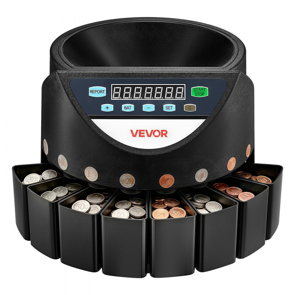 VEVOR Contador y Clasificador de Monedas 8 Denominaciones Máquina Contadora, Velocidad de Conteo 147 Piezas por Minuto, Capacidad Máxima de 850 Monedas, Pantalla LED, Tubos de Almacenamiento de Dinero