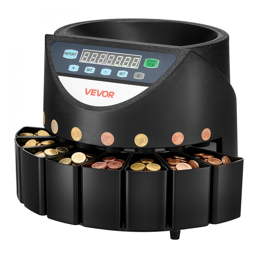 VEVOR Contador y Clasificador de Monedas 8 Denominaciones Máquina Contadora, Velocidad de Conteo 147 Piezas por Minuto, Capacidad Máxima de 850 Monedas, Pantalla LED, Tubos de Almacenamiento de Dinero
