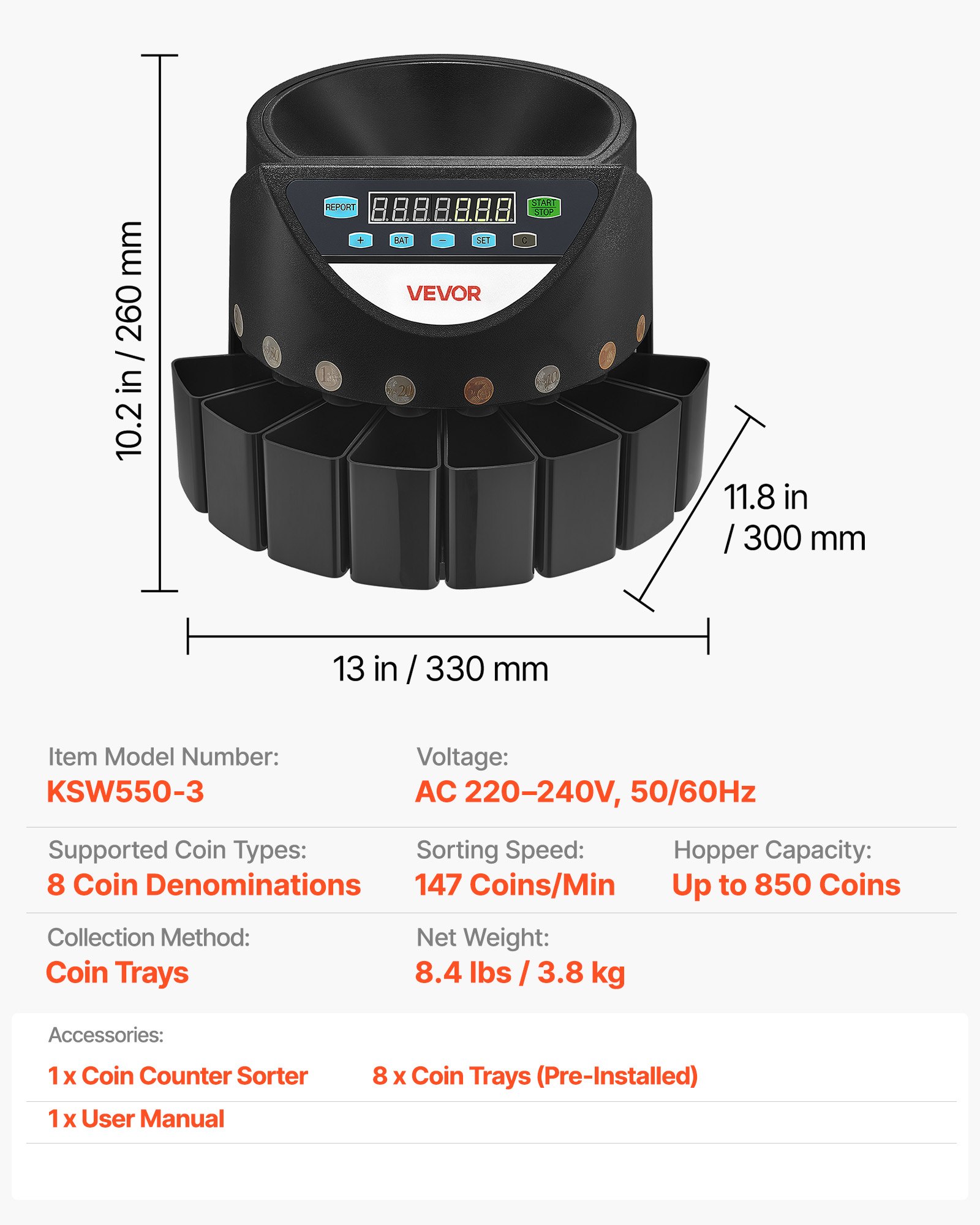 VEVOR Contador y Clasificador de Monedas 8 Denominaciones Máquina Contadora, Velocidad de Conteo 147 Piezas por Minuto, Capacidad Máxima de 850 Monedas, Pantalla LED, Tubos de Almacenamiento de Dinero