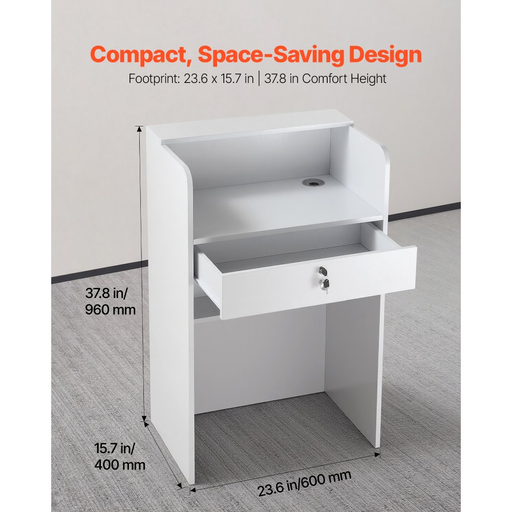 VEVOR Mostrador de Recepción 60 x 40 x 96 cm, Mesa de Recepción Material de Tablero de Partículas con 1 Cajón, Mostrador de Recepcionista para Caja, Vestíbulo, Salón de Belleza, Oficina, Blanco