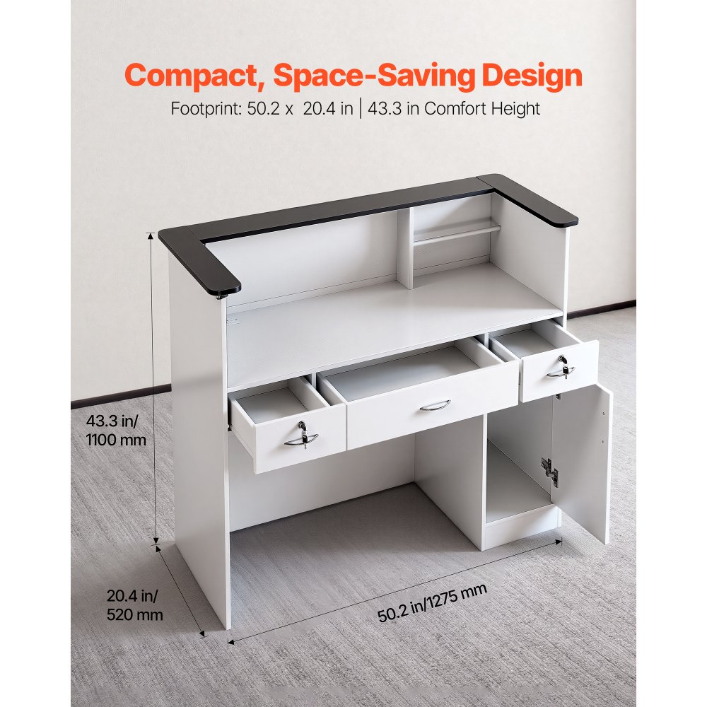 VEVOR Mostrador de Recepción 127,5x52x110 cm, Mesa de Recepción Material de Tablero de Partículas con Luz LED y Cajones, Mostrador de Recepcionista para Caja, Vestíbulo, Salón de Belleza, Oficina