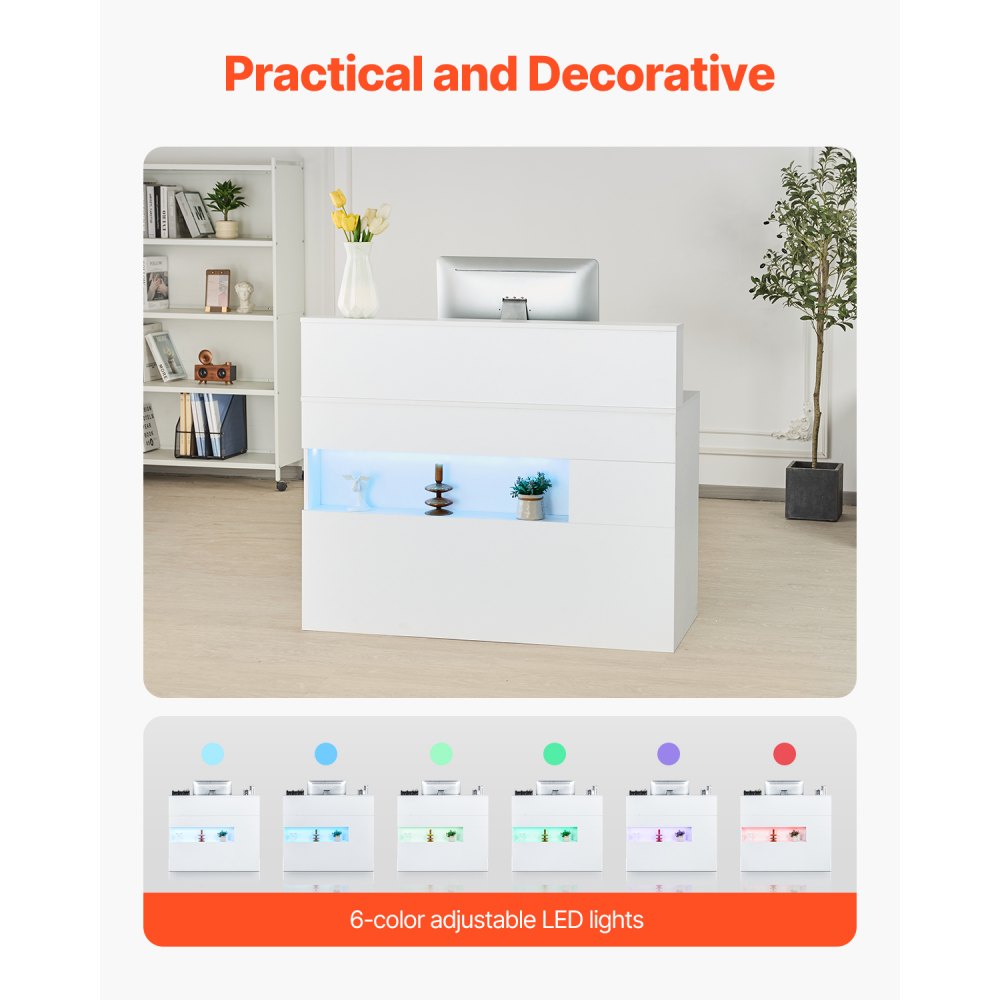 VEVOR Mostrador de Recepción 120 x 47,5 x 100 cm Mesa de Mostrador Rectangular Material de MDF con Luz LED 2 Cajones y Tomas de Corriente para Caja, Vestíbulo, Salón de Belleza, Oficina, Blanco