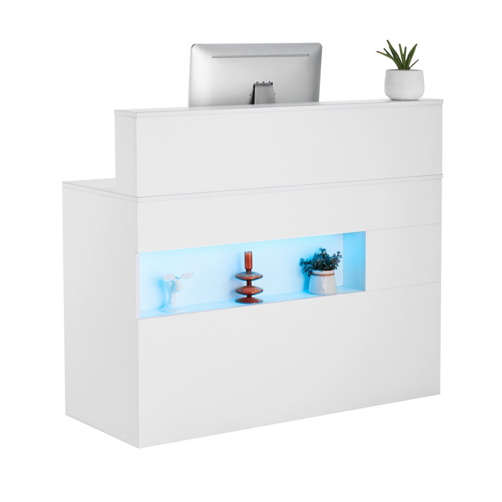 VEVOR Mostrador de Recepción 120 x 47,5 x 100 cm Mesa de Mostrador Rectangular Material de MDF con Luz LED 2 Cajones y Tomas de Corriente para Caja, Vestíbulo, Salón de Belleza, Oficina, Blanco