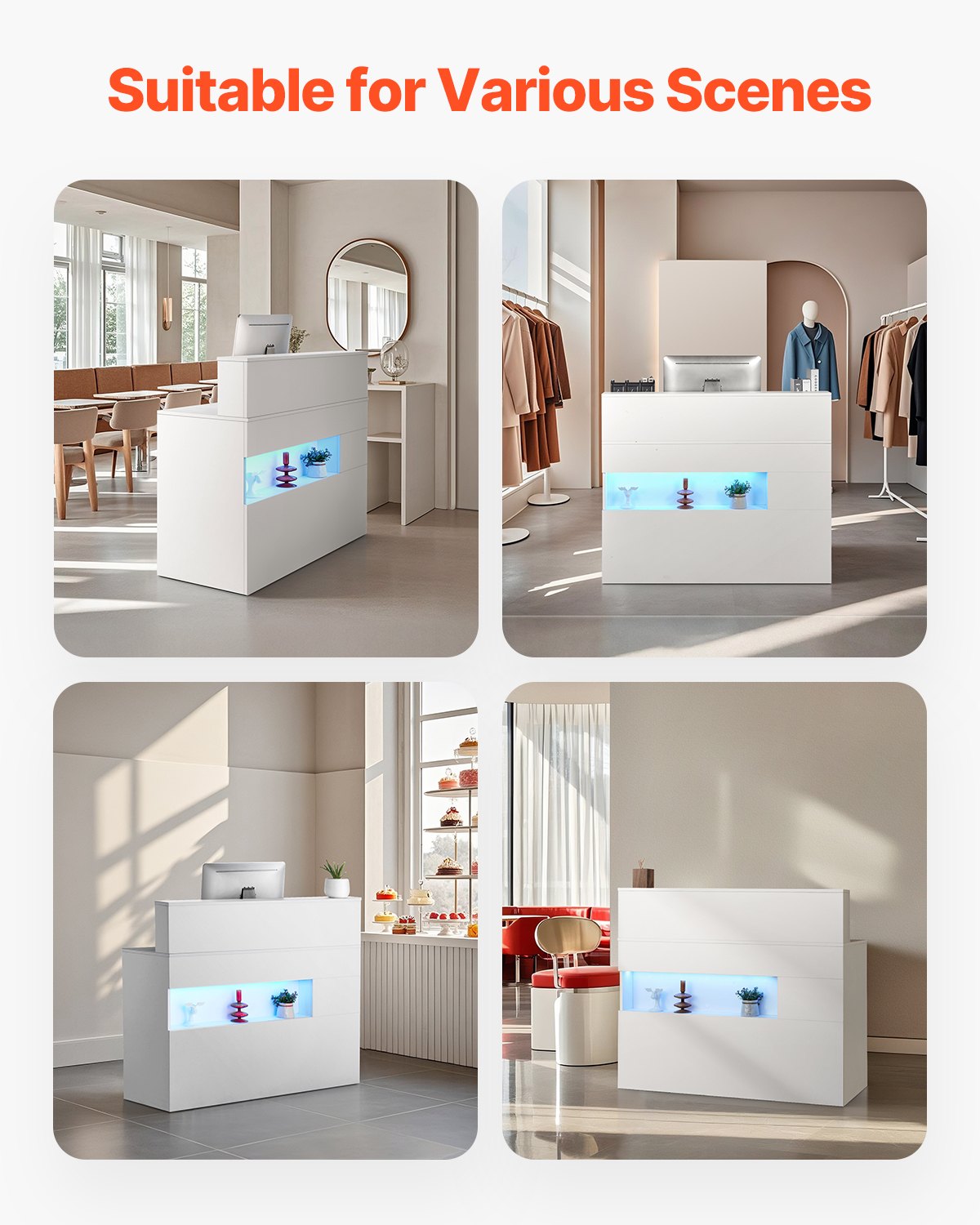 VEVOR Mostrador de Recepción 120 x 47,5 x 100 cm Mesa de Mostrador Rectangular Material de MDF con Luz LED 2 Cajones y Tomas de Corriente para Caja, Vestíbulo, Salón de Belleza, Oficina, Blanco