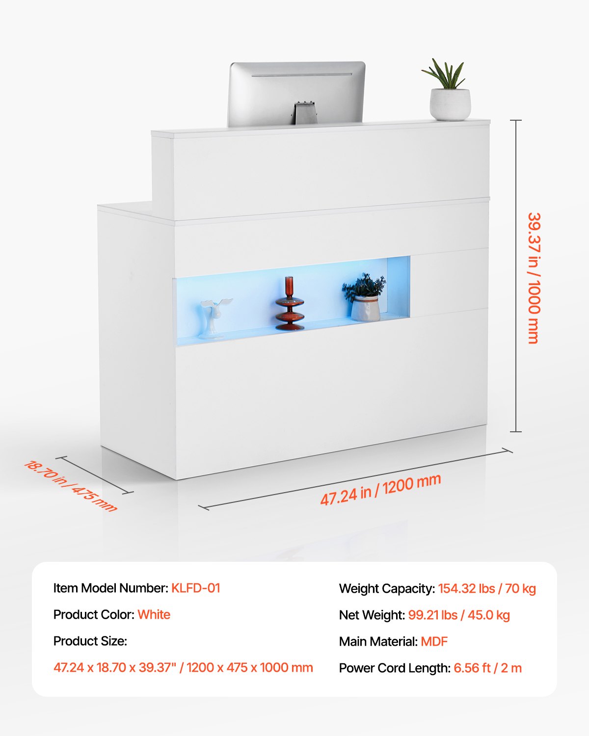 VEVOR Mostrador de Recepción 120 x 47,5 x 100 cm Mesa de Mostrador Rectangular Material de MDF con Luz LED 2 Cajones y Tomas de Corriente para Caja, Vestíbulo, Salón de Belleza, Oficina, Blanco