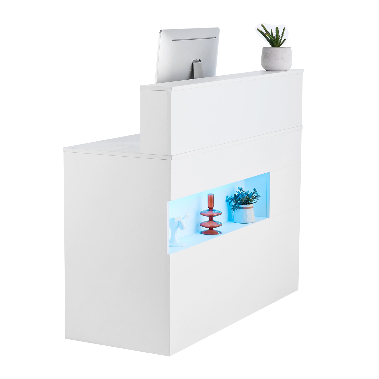 VEVOR Mostrador de Recepción 120 x 47,5 x 100 cm Mesa de Mostrador Rectangular Material de MDF con Luz LED 2 Cajones y Tomas de Corriente para Caja, Vestíbulo, Salón de Belleza, Oficina, Blanco