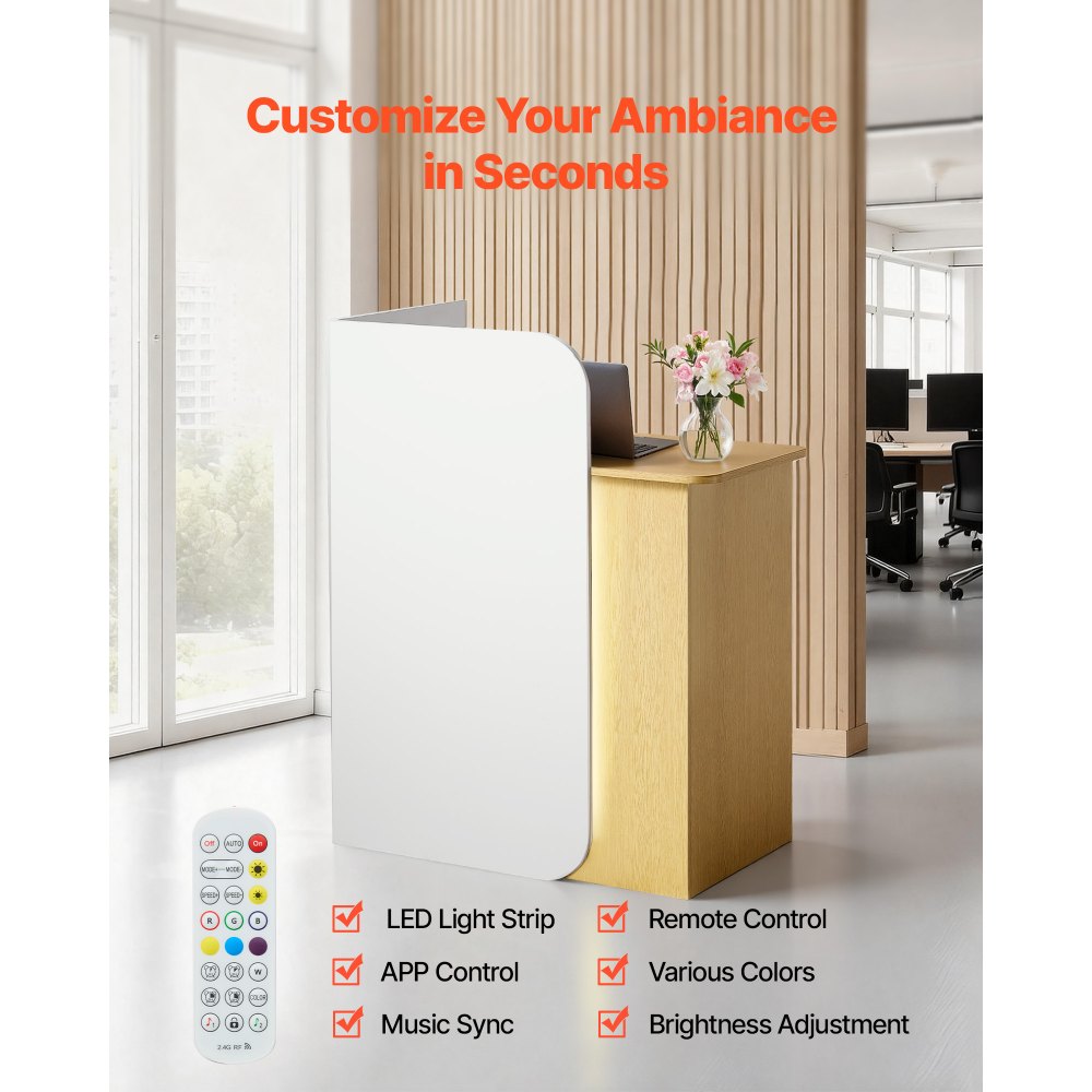 VEVOR Mostrador de Recepción 80 x 45 x 100 cm, Mesa de Recepción Material de Tablero de Partículas con Luz LED y 2 Cajones, Mostrador de Recepcionista para Caja, Vestíbulo, Salón de Belleza, Oficina