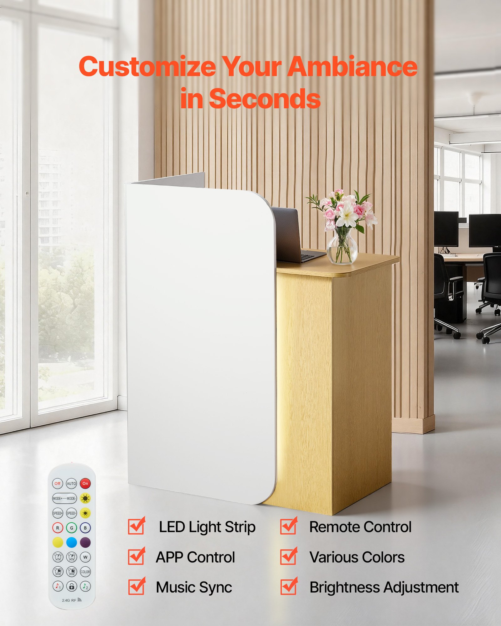 VEVOR Mostrador de Recepción 80 x 45 x 100 cm, Mesa de Recepción Material de Tablero de Partículas con Luz LED y 2 Cajones, Mostrador de Recepcionista para Caja, Vestíbulo, Salón de Belleza, Oficina