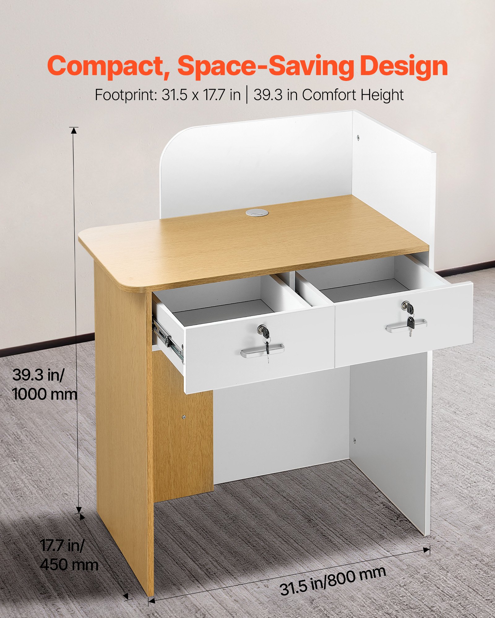 VEVOR Mostrador de Recepción 80 x 45 x 100 cm, Mesa de Recepción Material de Tablero de Partículas con Luz LED y 2 Cajones, Mostrador de Recepcionista para Caja, Vestíbulo, Salón de Belleza, Oficina