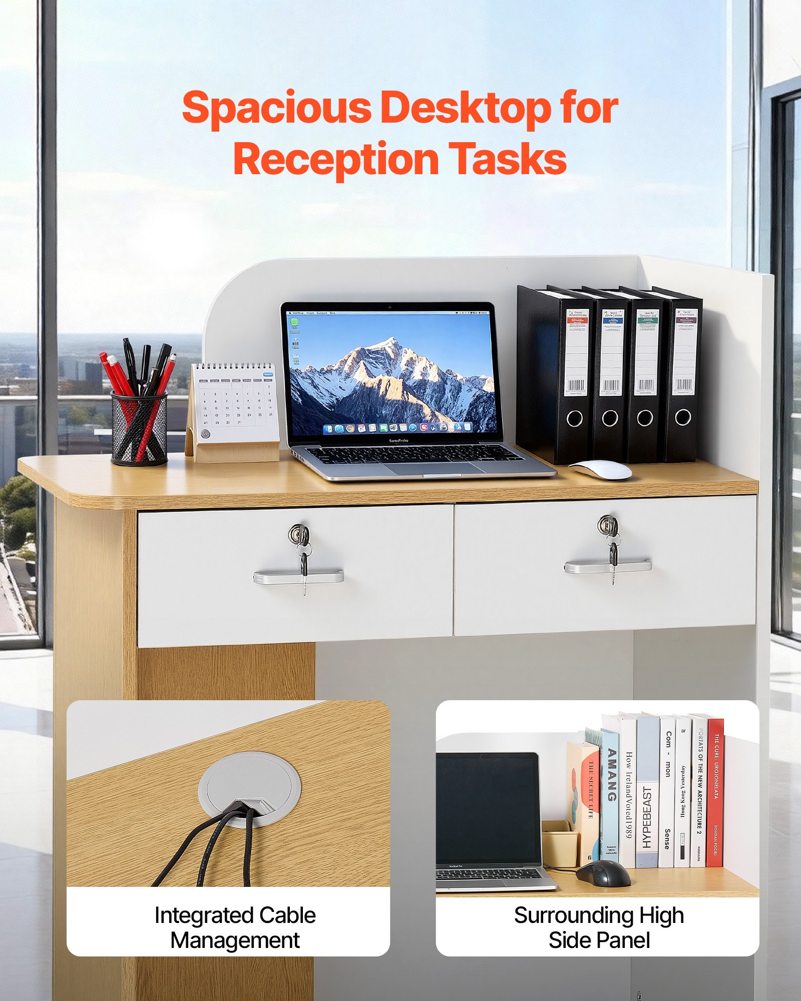 VEVOR Mostrador de Recepción 80 x 45 x 100 cm, Mesa de Recepción Material de Tablero de Partículas con Luz LED y 2 Cajones, Mostrador de Recepcionista para Caja, Vestíbulo, Salón de Belleza, Oficina
