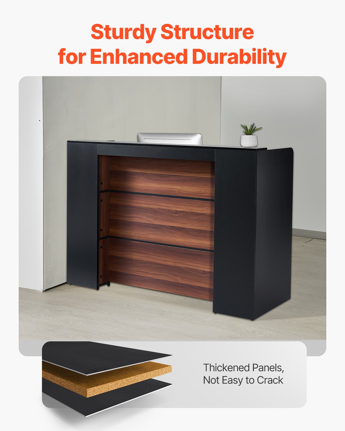 VEVOR Reception Desk, Rectangular Counter, Sales Counter, Cashier Counter with LED Light, Reception Table for Cashier, Lobby, Beauty Salon, Office, Black & Brown