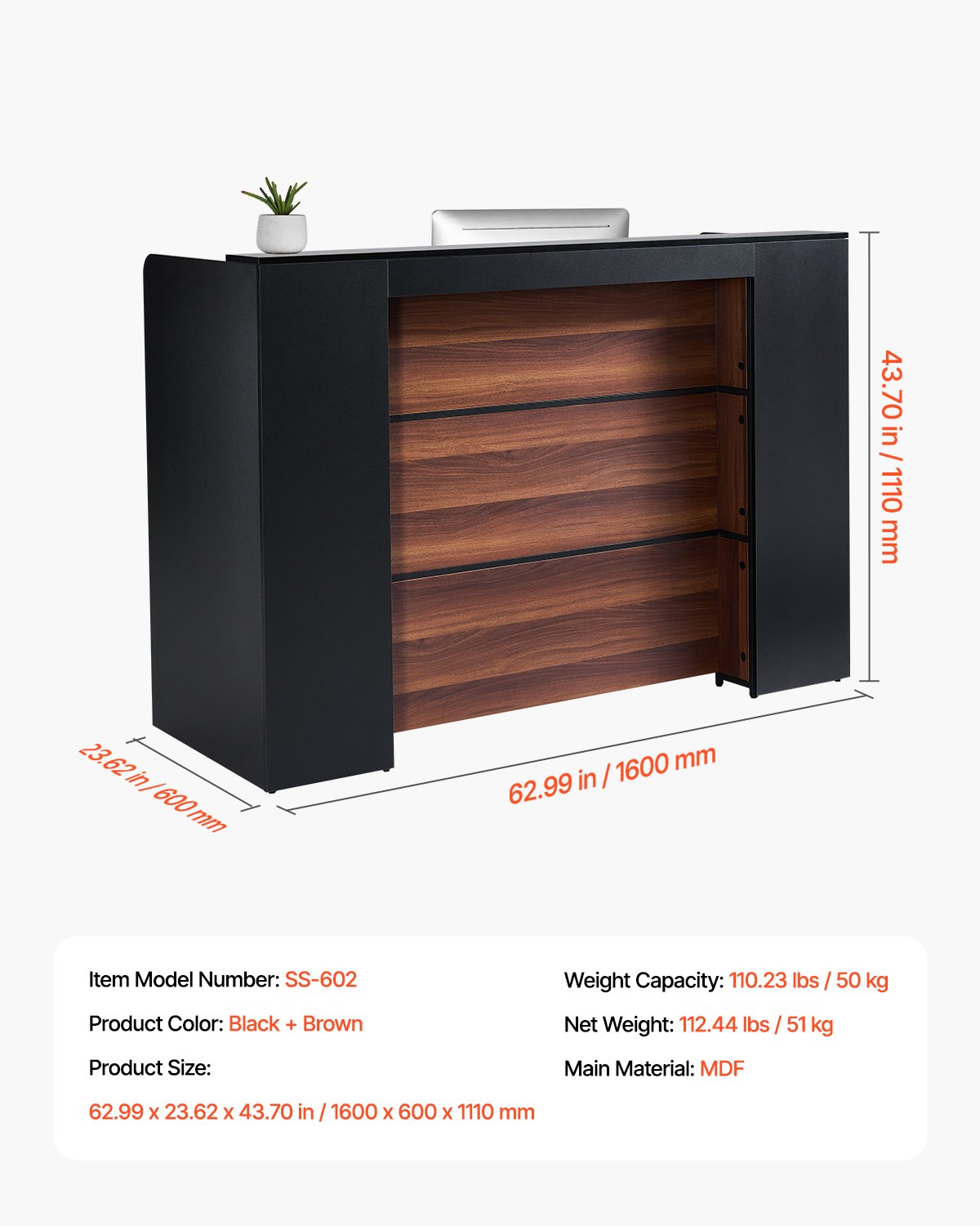 VEVOR Reception Desk, Rectangular Counter, Sales Counter, Cashier Counter with LED Light, Reception Table for Cashier, Lobby, Beauty Salon, Office, Black & Brown