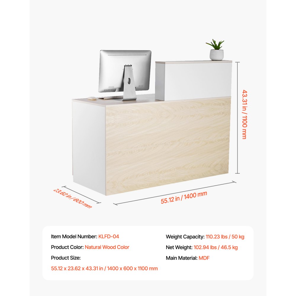 VEVOR Mostrador de Recepción 140x60x110 cm Mesa de Mostrador Frontal Rectangular Material Principal de MDF Mostrador de Venta Minorista para Caja, Vestíbulo, Salón de Belleza, Oficina, de Madera