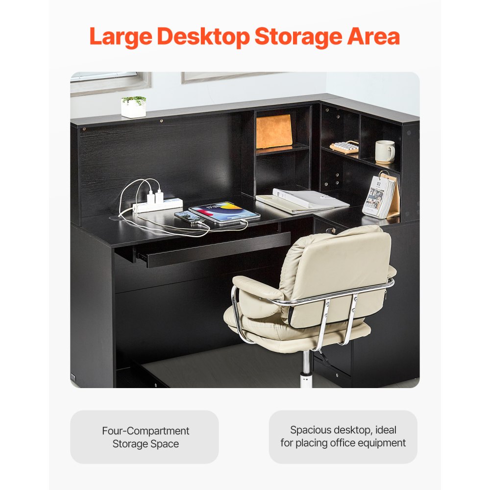 VEVOR Mostrador de Recepción 140 x 80 x 120 cm Mesa de Mostrador Frontal Forma de L con Cajón Bandeja para Teclado y Gabinete de Almacenamiento para Vestíbulo, Salón de Belleza, Oficina, Negro