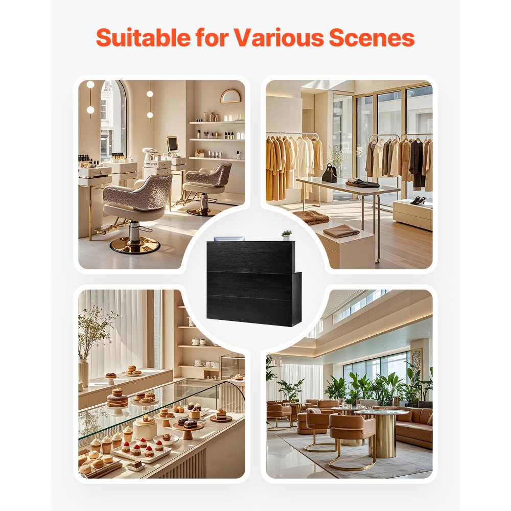 VEVOR Mostrador de Recepción 140 x 80 x 120 cm Mesa de Mostrador Frontal Forma de L con Cajón Bandeja para Teclado y Gabinete de Almacenamiento para Vestíbulo, Salón de Belleza, Oficina, Negro