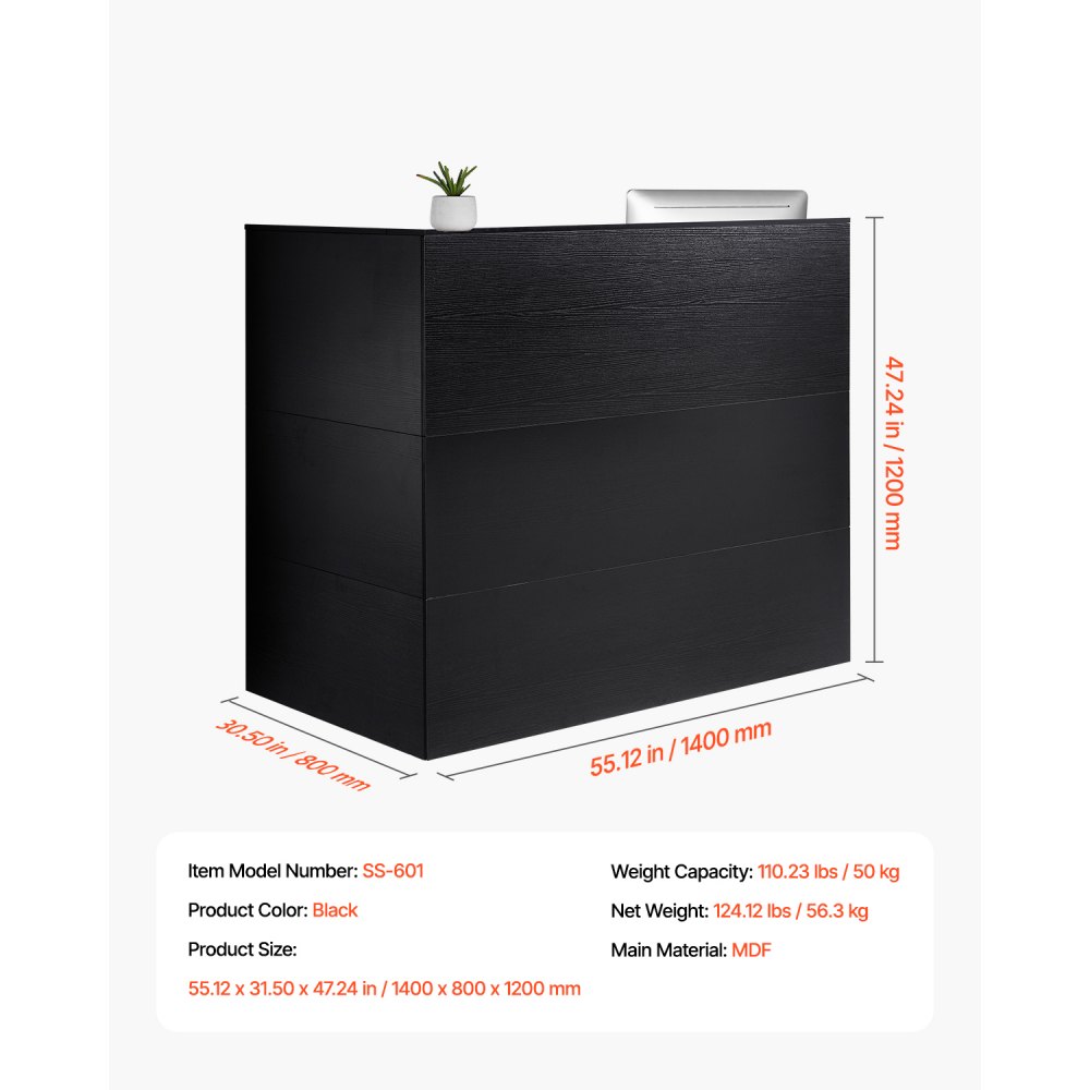 VEVOR Mostrador de Recepción 140 x 80 x 120 cm Mesa de Mostrador Frontal Forma de L con Cajón Bandeja para Teclado y Gabinete de Almacenamiento para Vestíbulo, Salón de Belleza, Oficina, Negro