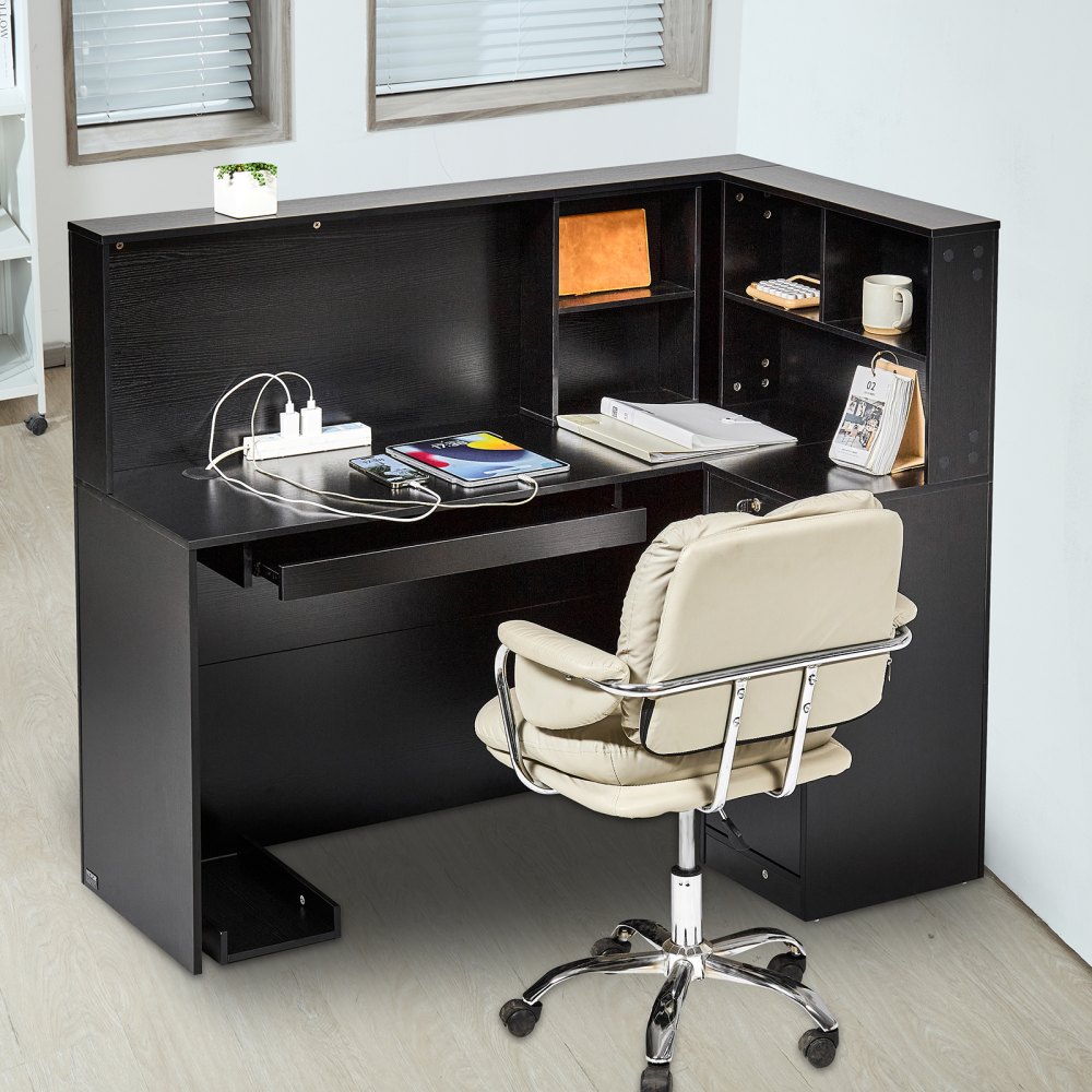 VEVOR Mostrador de Recepción 140 x 80 x 120 cm Mesa de Mostrador Frontal Forma de L con Cajón Bandeja para Teclado y Gabinete de Almacenamiento para Vestíbulo, Salón de Belleza, Oficina, Negro