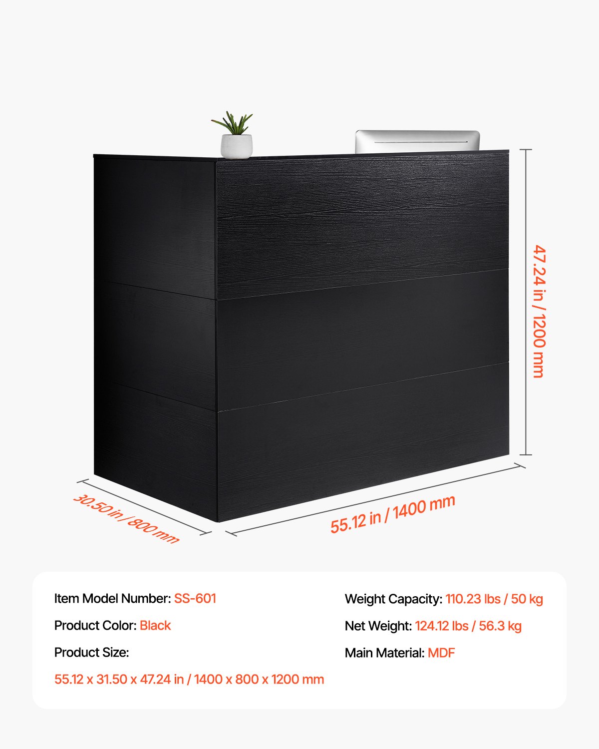 VEVOR Mostrador de Recepción 140 x 80 x 120 cm Mesa de Mostrador Frontal Forma de L con Cajón Bandeja para Teclado y Gabinete de Almacenamiento para Vestíbulo, Salón de Belleza, Oficina, Negro