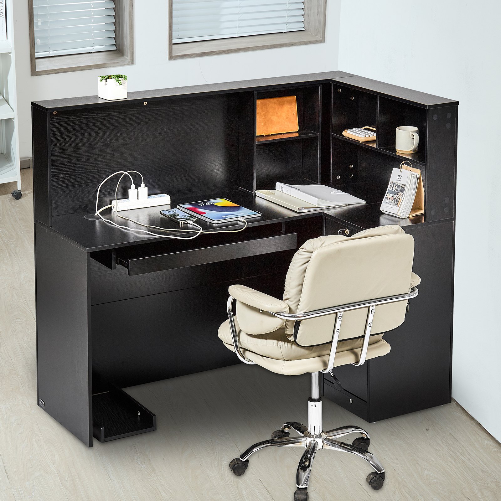 VEVOR Mostrador de Recepción 140 x 80 x 120 cm Mesa de Mostrador Frontal Forma de L con Cajón Bandeja para Teclado y Gabinete de Almacenamiento para Vestíbulo, Salón de Belleza, Oficina, Negro