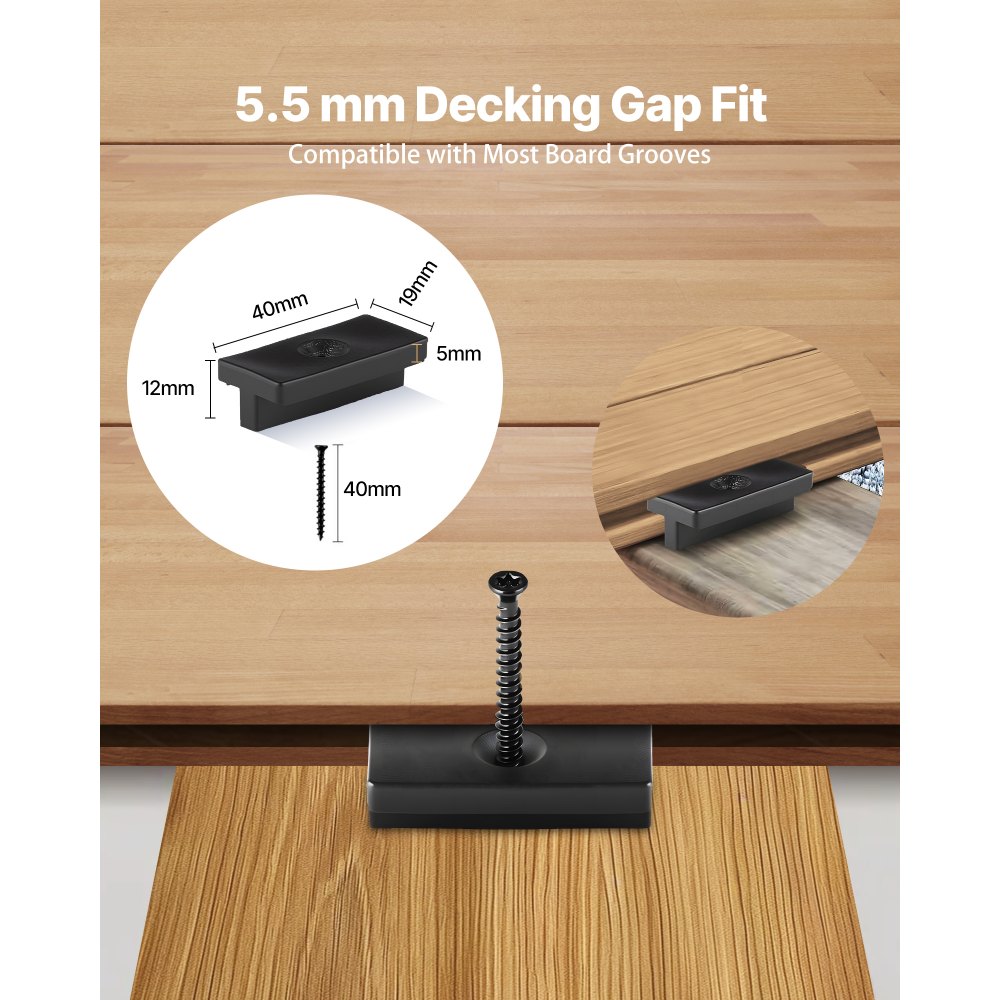 VEVOR 500 Fijaciones Ocultas, Separadores para Tarimas, Clips Universales Compuestos y Fijaciones de Plástico con Tornillos, Aptas para Espaciado de Tarimas de 5,5 mm y Altura de 7 mm, Negro