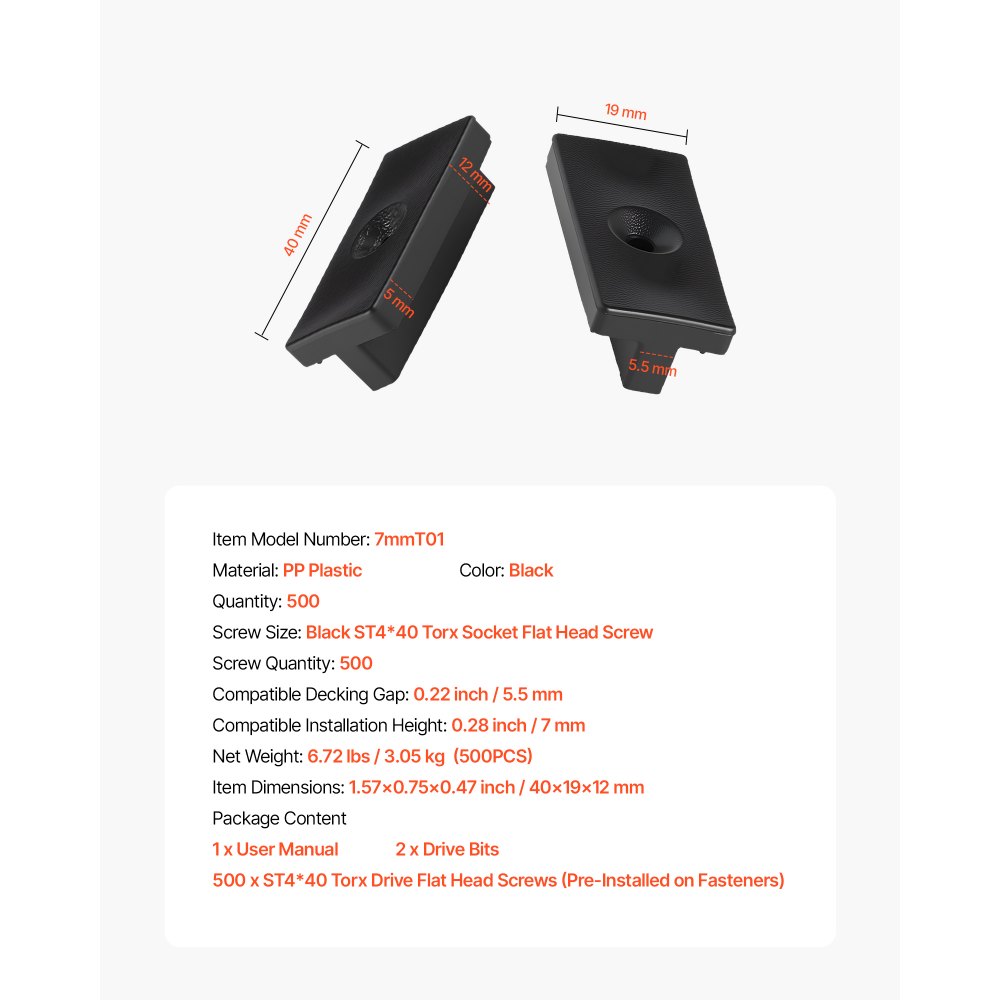 VEVOR 500 Fijaciones Ocultas, Separadores para Tarimas, Clips Universales Compuestos y Fijaciones de Plástico con Tornillos, Aptas para Espaciado de Tarimas de 5,5 mm y Altura de 7 mm, Negro