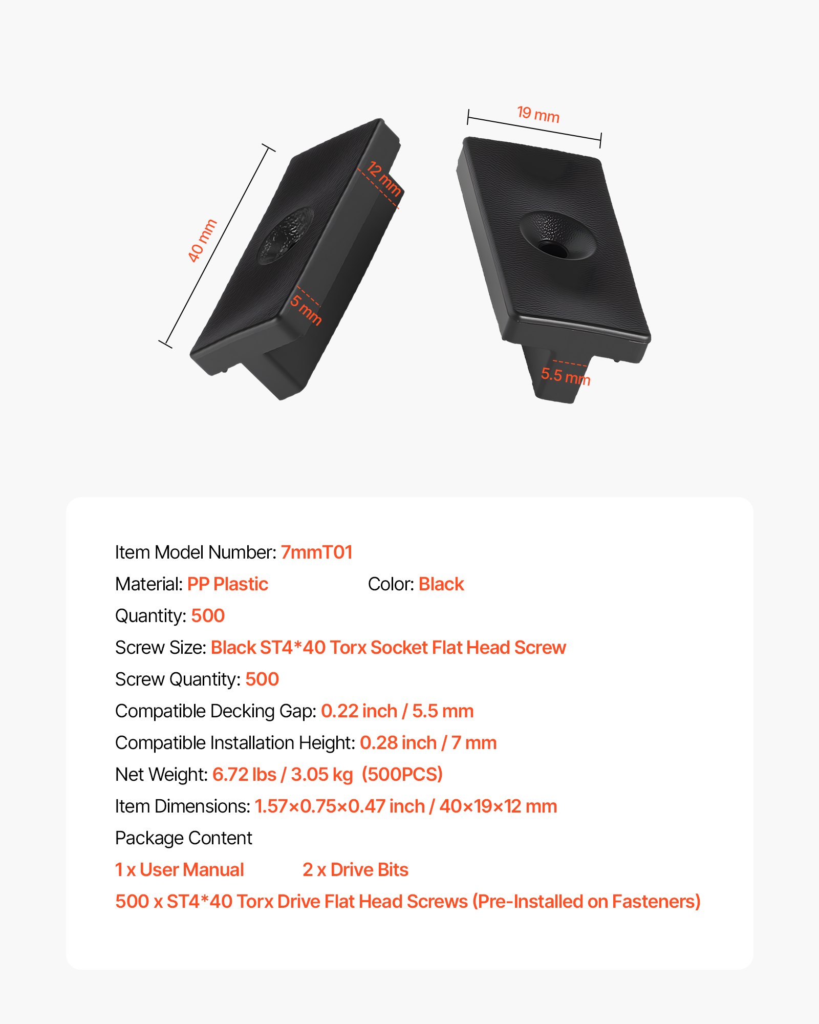 VEVOR 500 Fijaciones Ocultas, Separadores para Tarimas, Clips Universales Compuestos y Fijaciones de Plástico con Tornillos, Aptas para Espaciado de Tarimas de 5,5 mm y Altura de 7 mm, Negro