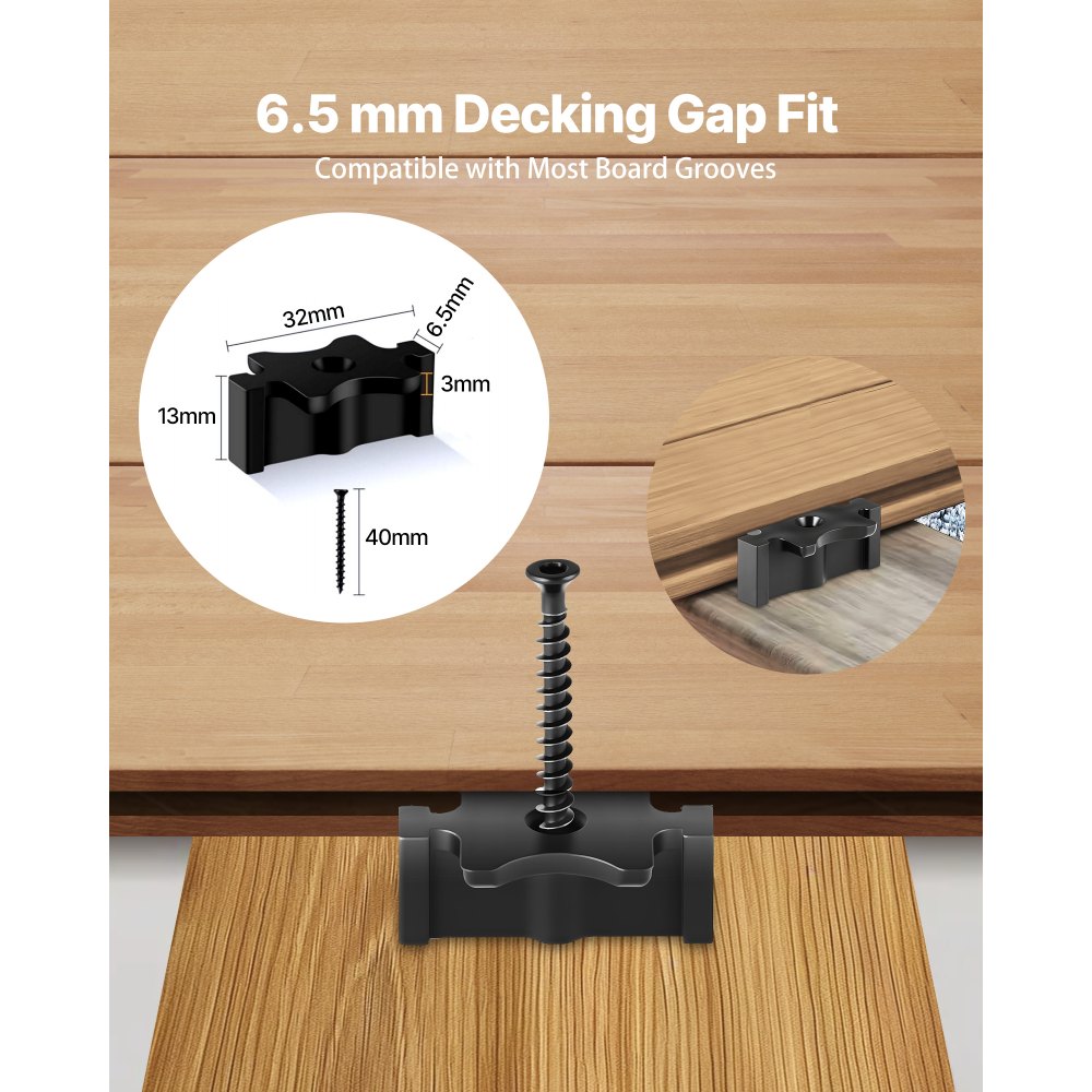 VEVOR 900 Fijaciones Ocultas, Separadores para Tarimas, Clips T Universales Compuestos y Fijaciones de Plástico con Tornillos, para Tablas 6,5 mm de Separación y 10 mm de Altura, 32 x 19 x 13 mm