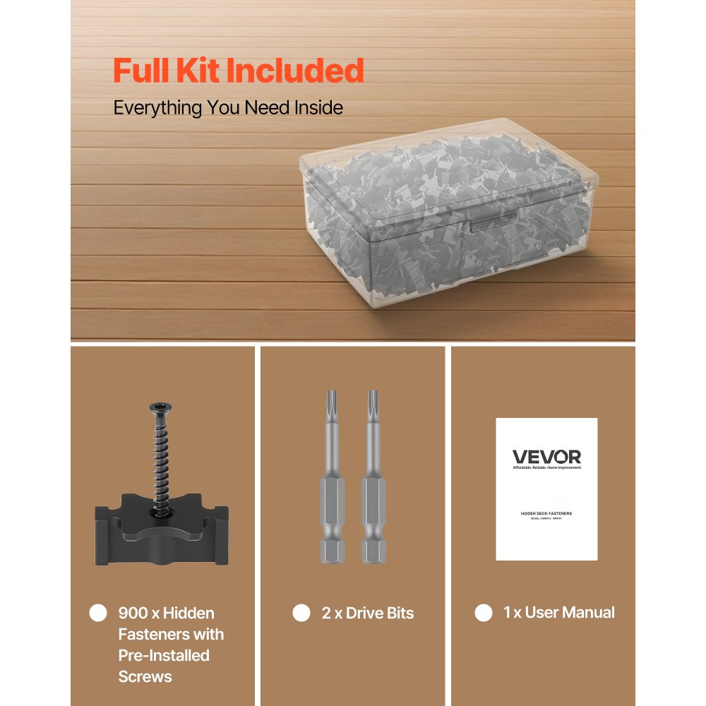 VEVOR 900 Fijaciones Ocultas, Separadores para Tarimas, Clips T Universales Compuestos y Fijaciones de Plástico con Tornillos, para Tablas 6,5 mm de Separación y 10 mm de Altura, 32 x 19 x 13 mm