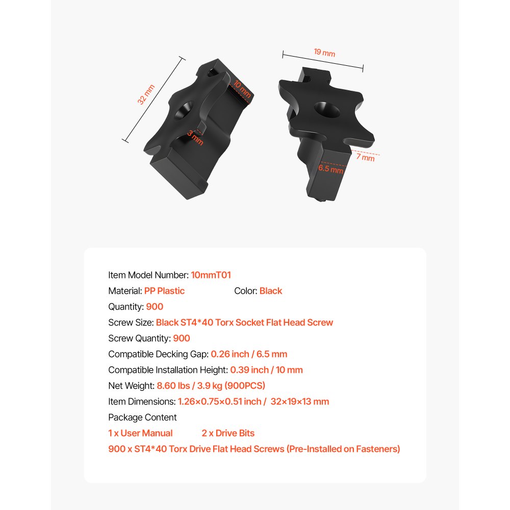 VEVOR 900 Fijaciones Ocultas, Separadores para Tarimas, Clips T Universales Compuestos y Fijaciones de Plástico con Tornillos, para Tablas 6,5 mm de Separación y 10 mm de Altura, 32 x 19 x 13 mm