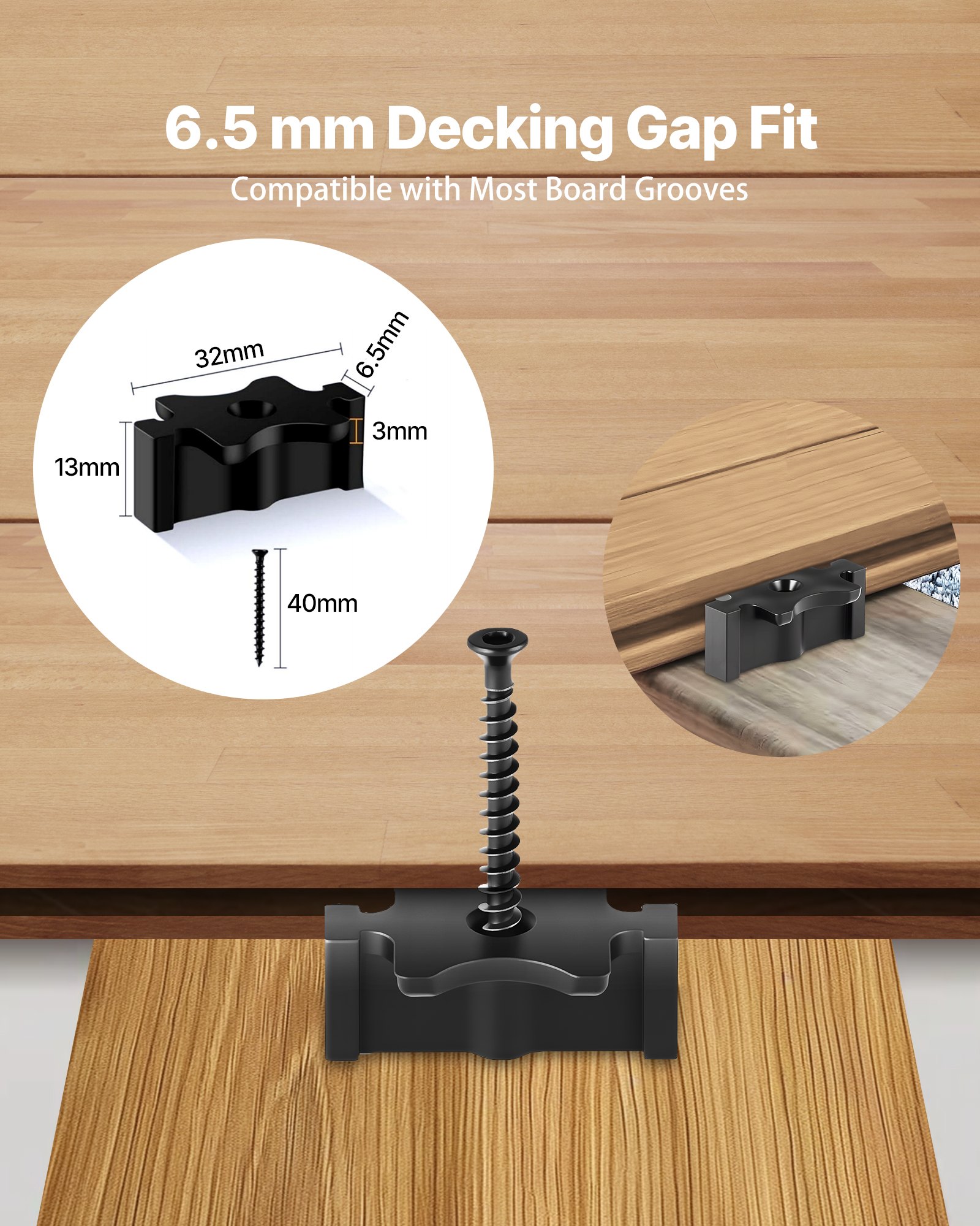 VEVOR 900 Fijaciones Ocultas, Separadores para Tarimas, Clips T Universales Compuestos y Fijaciones de Plástico con Tornillos, para Tablas 6,5 mm de Separación y 10 mm de Altura, 32 x 19 x 13 mm