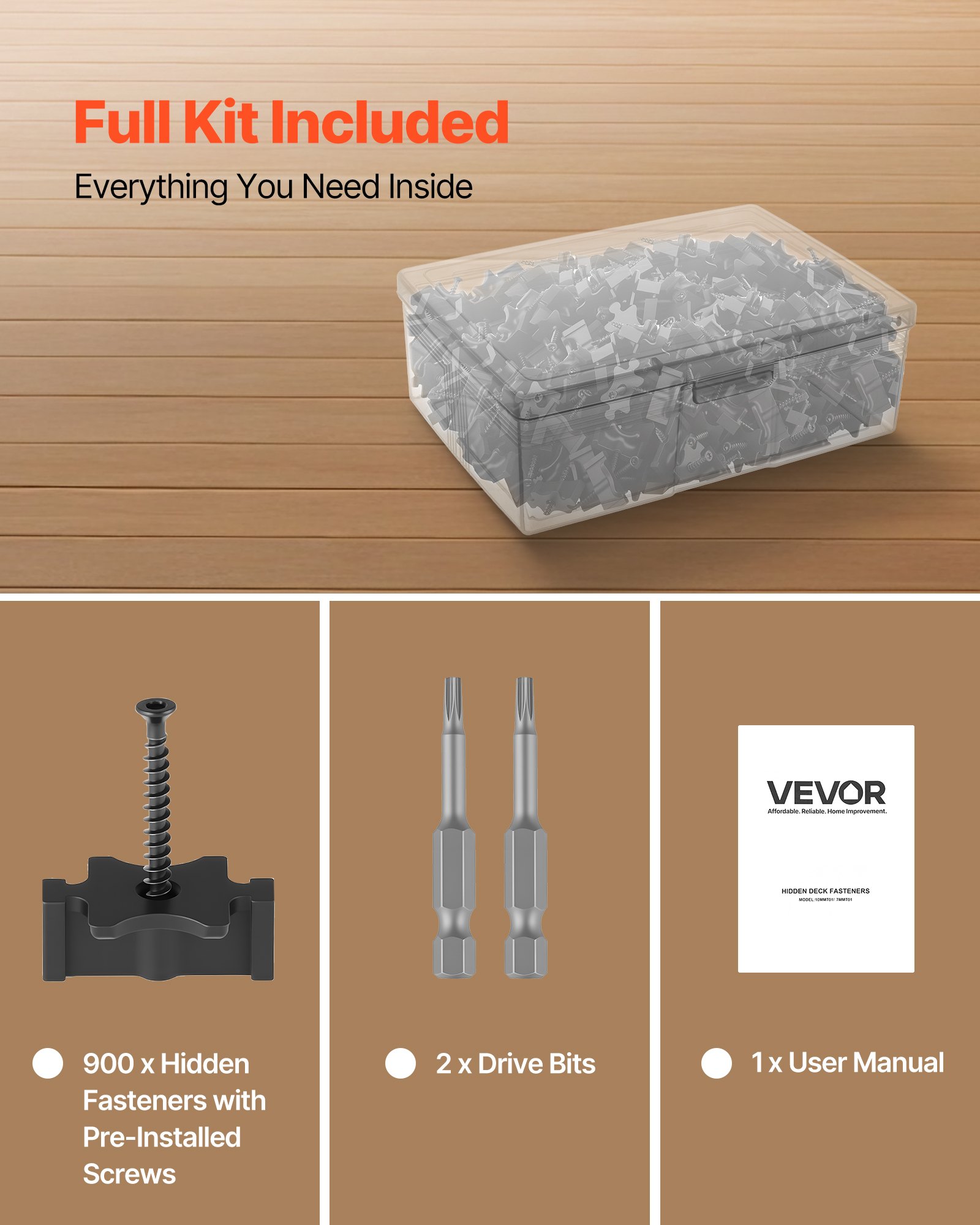 VEVOR 900 Fijaciones Ocultas, Separadores para Tarimas, Clips T Universales Compuestos y Fijaciones de Plástico con Tornillos, para Tablas 6,5 mm de Separación y 10 mm de Altura, 32 x 19 x 13 mm
