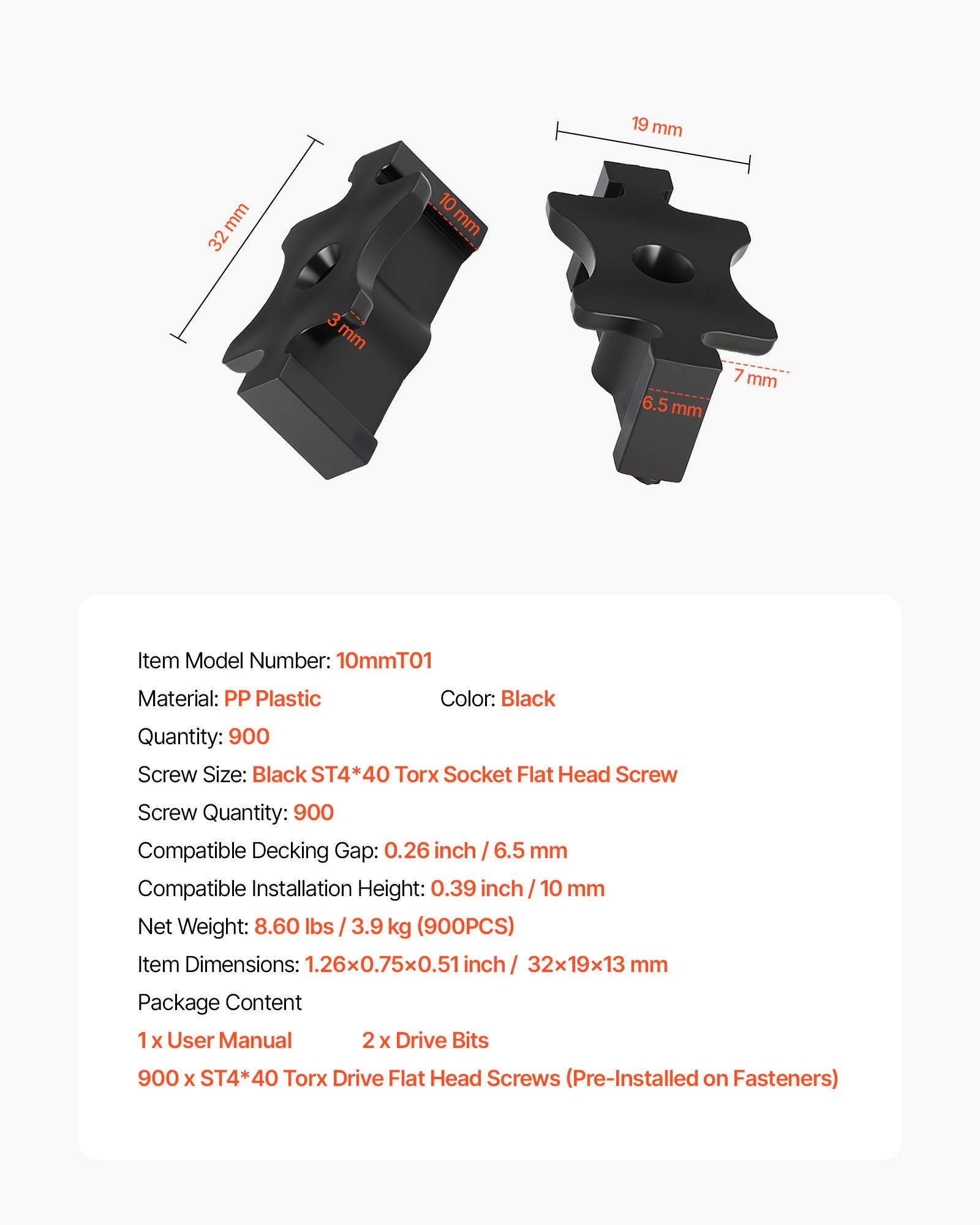 VEVOR 900 Fijaciones Ocultas, Separadores para Tarimas, Clips T Universales Compuestos y Fijaciones de Plástico con Tornillos, para Tablas 6,5 mm de Separación y 10 mm de Altura, 32 x 19 x 13 mm