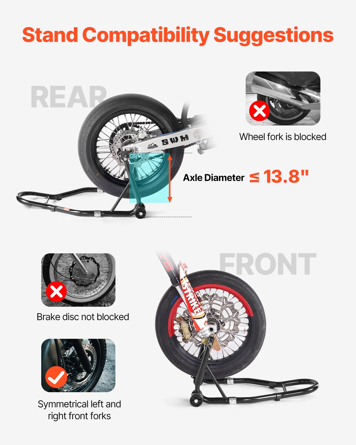 VEVOR Elevador de Caballete para Motocicleta, Capacidad de 500 kg, Soporte de Doble Horquilla para Rueda Delantera, Compatible con Yamaha, Honda, Kawasaki y Suzuki, Negro. 770 x 590 x 350 mm