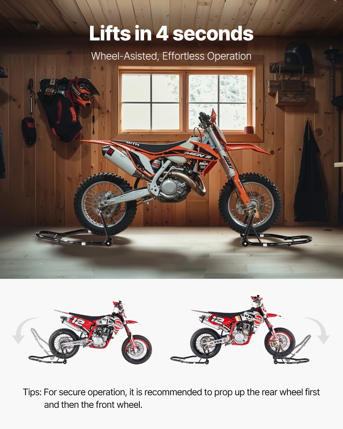 VEVOR Elevador de Caballete para Motocicleta, Capacidad de 500 kg, Soporte de Doble Horquilla para Rueda Delantera, Compatible con Yamaha, Honda, Kawasaki y Suzuki, Negro. 770 x 590 x 350 mm