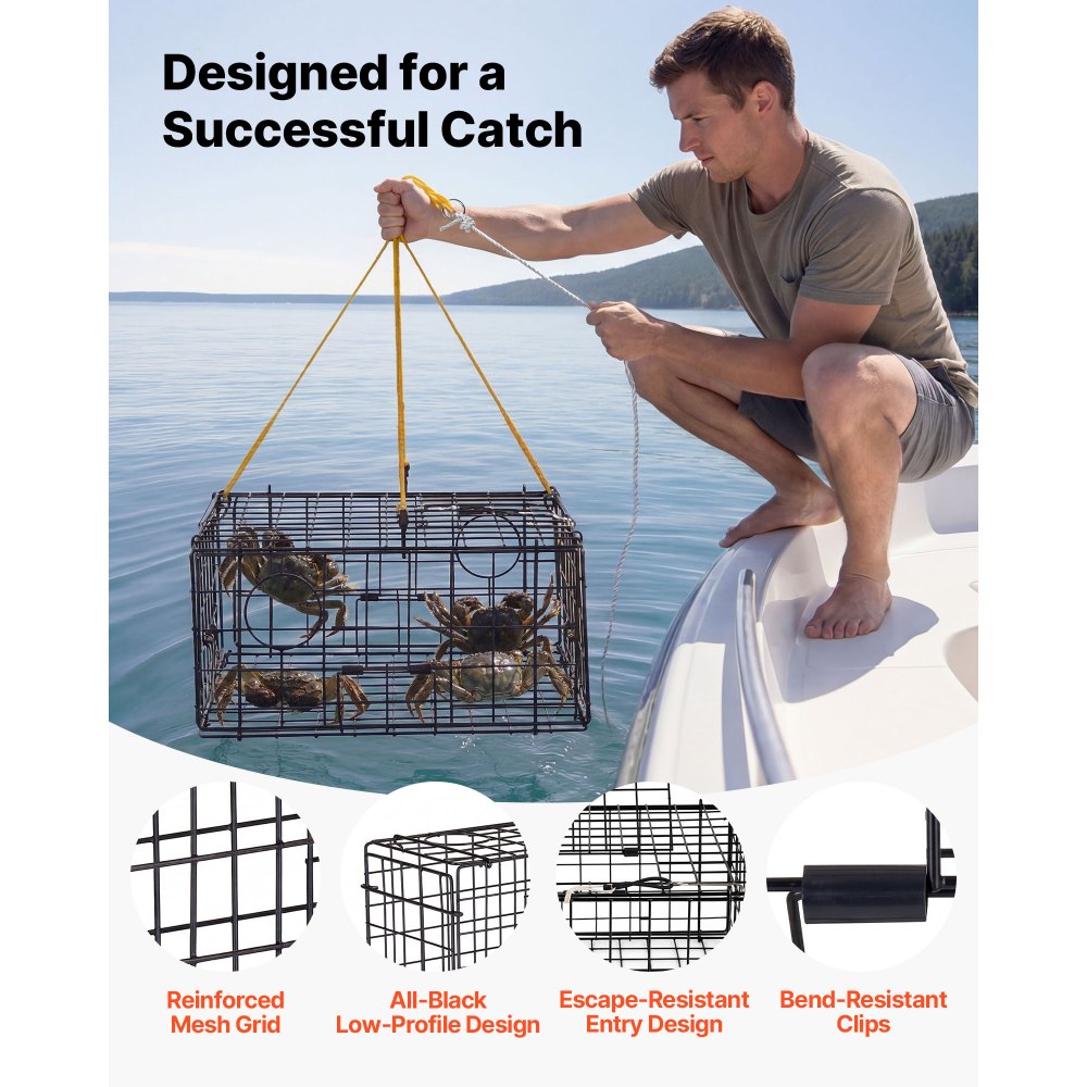VEVOR Trampa para Cangrejos Cuadrada 2 Piezas, 62 x 62 x 30 cm, Trampa de Red de Pesca Malla de Alambre Recubierta de PVC, con Medidor, Flotador, Cuerda con Núcleo de Plomo de 30 m y Guantes