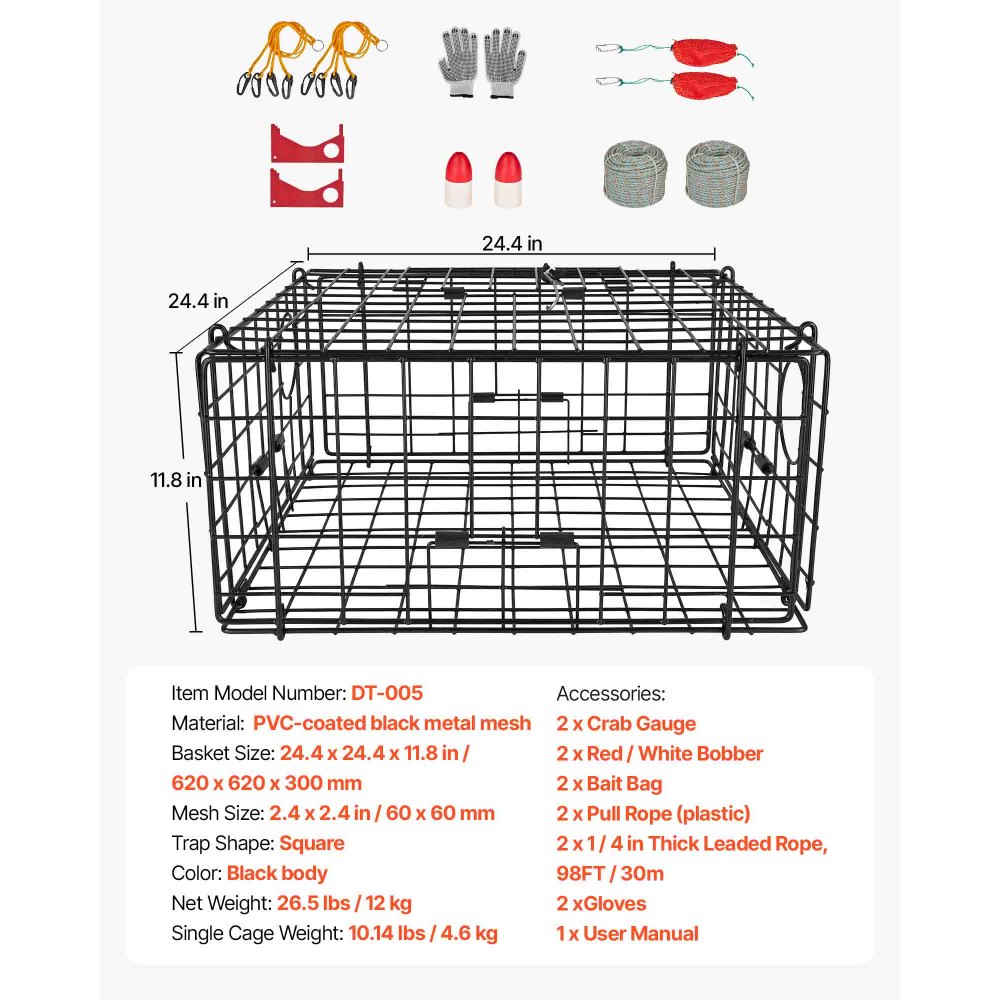 VEVOR Trampa para Cangrejos Cuadrada 2 Piezas, 62 x 62 x 30 cm, Trampa de Red de Pesca Malla de Alambre Recubierta de PVC, con Medidor, Flotador, Cuerda con Núcleo de Plomo de 30 m y Guantes