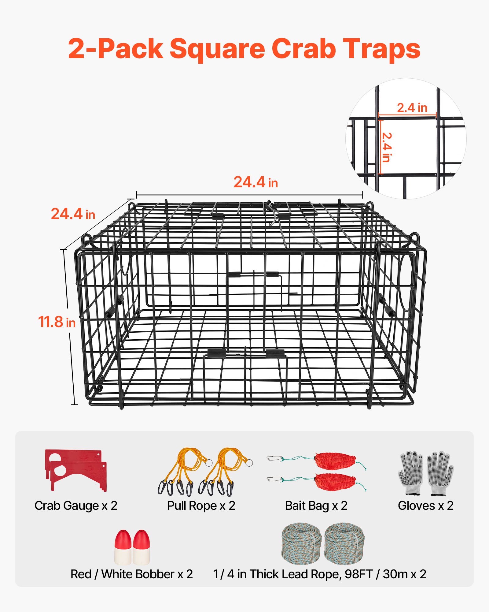 VEVOR Trampa para Cangrejos Cuadrada 2 Piezas, 62 x 62 x 30 cm, Trampa de Red de Pesca Malla de Alambre Recubierta de PVC, con Medidor, Flotador, Cuerda con Núcleo de Plomo de 30 m y Guantes