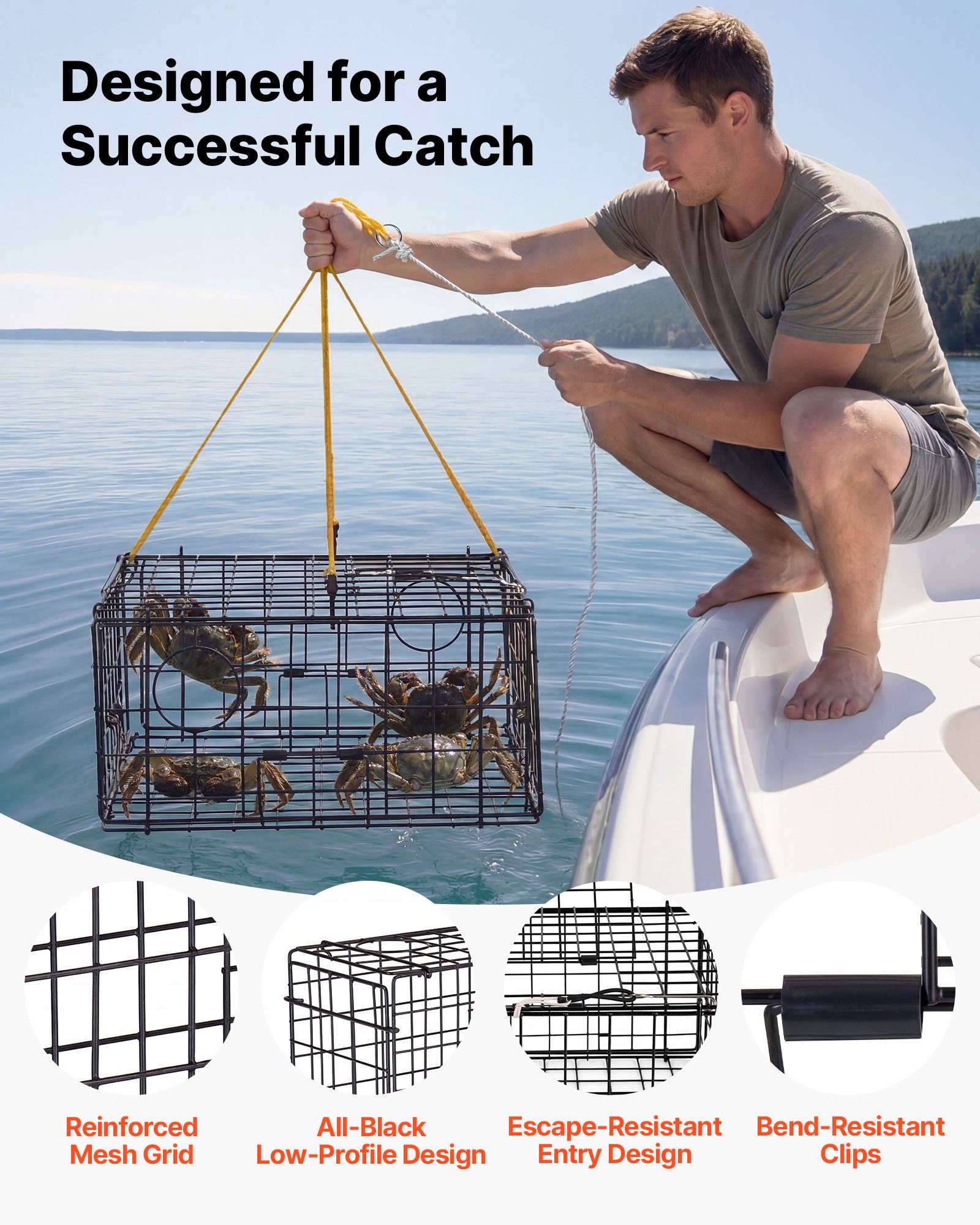 VEVOR Trampa para Cangrejos Cuadrada 2 Piezas, 62 x 62 x 30 cm, Trampa de Red de Pesca Malla de Alambre Recubierta de PVC, con Medidor, Flotador, Cuerda con Núcleo de Plomo de 30 m y Guantes