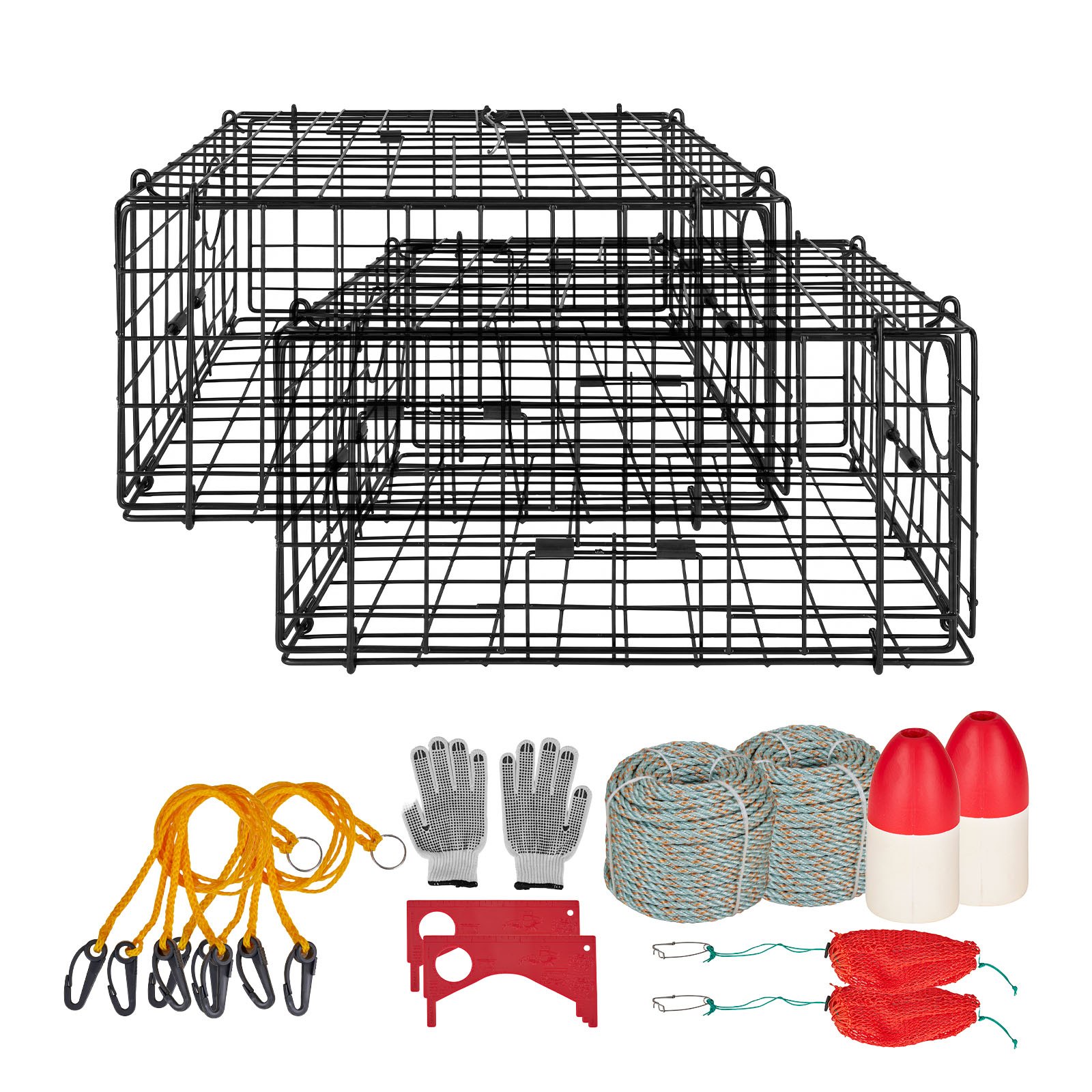 VEVOR Trampa para Cangrejos Cuadrada 2 Piezas, 62 x 62 x 30 cm, Trampa de Red de Pesca Malla de Alambre Recubierta de PVC, con Medidor, Flotador, Cuerda con Núcleo de Plomo de 30 m y Guantes