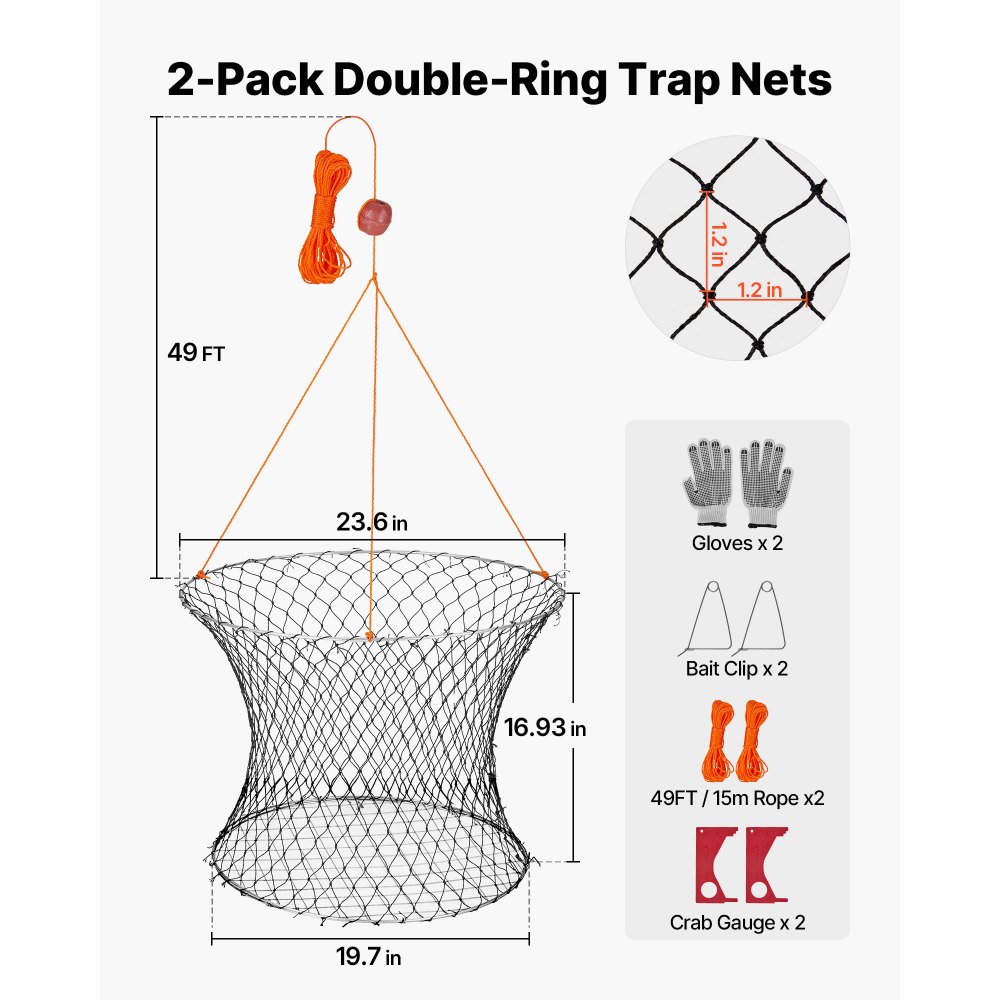 VEVOR Trampa para Cangrejos 2 Piezas de Doble Anillo, 60 cm Superior, 50 cm Inferior, Trampa de Red de Pesca Nailon Recubierto de PVC, Cuerda de 18 m, Pesca de Cangrejos en Muelles y Embarcaderos