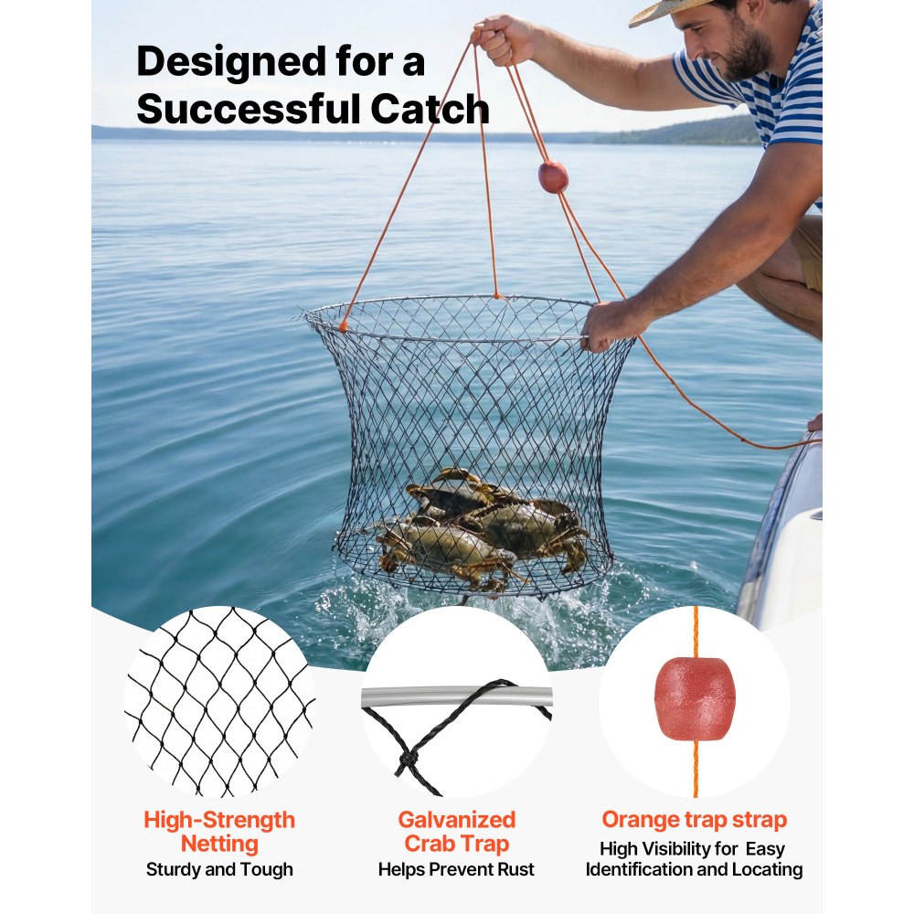VEVOR Trampa para Cangrejos 2 Piezas de Doble Anillo, 60 cm Superior, 50 cm Inferior, Trampa de Red de Pesca Nailon Recubierto de PVC, Cuerda de 18 m, Pesca de Cangrejos en Muelles y Embarcaderos