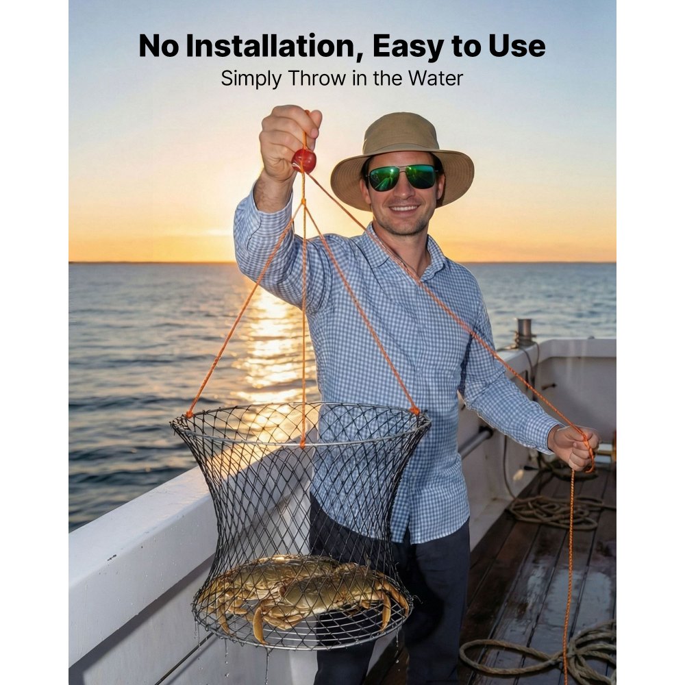 VEVOR Trampa para Cangrejos 2 Piezas de Doble Anillo, 60 cm Superior, 50 cm Inferior, Trampa de Red de Pesca Nailon Recubierto de PVC, Cuerda de 18 m, Pesca de Cangrejos en Muelles y Embarcaderos