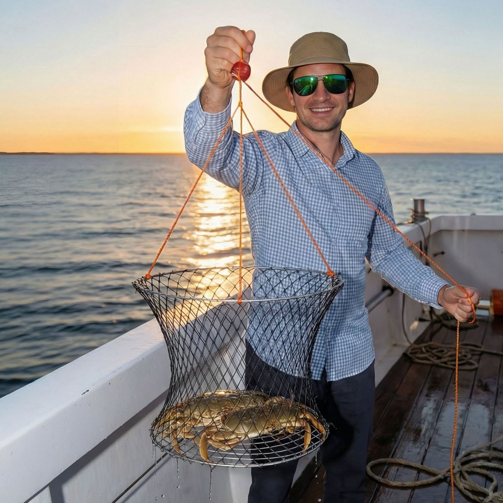 VEVOR Trampa para Cangrejos 2 Piezas de Doble Anillo, 60 cm Superior, 50 cm Inferior, Trampa de Red de Pesca Nailon Recubierto de PVC, Cuerda de 18 m, Pesca de Cangrejos en Muelles y Embarcaderos