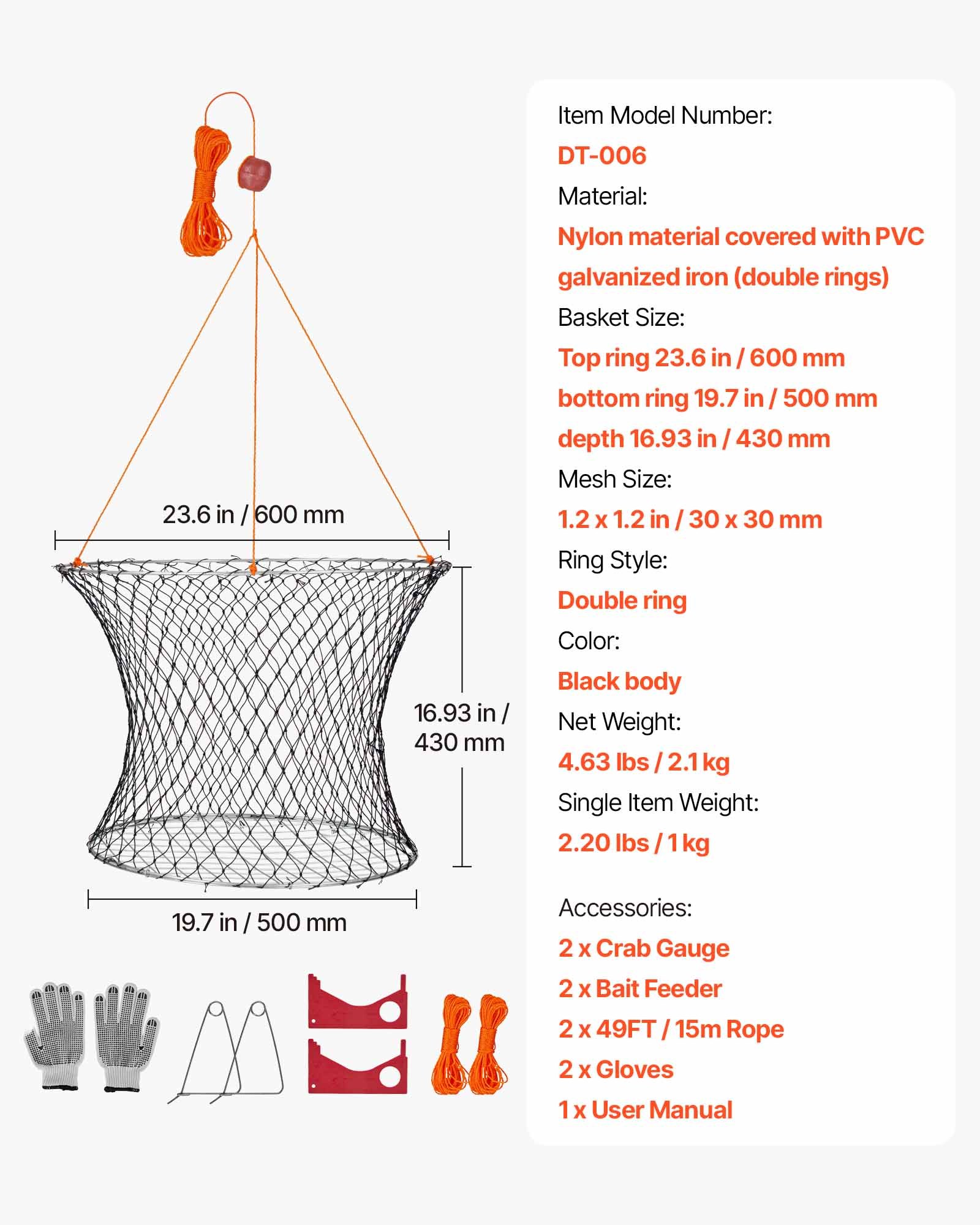 VEVOR Trampa para Cangrejos 2 Piezas de Doble Anillo, 60 cm Superior, 50 cm Inferior, Trampa de Red de Pesca Nailon Recubierto de PVC, Cuerda de 18 m, Pesca de Cangrejos en Muelles y Embarcaderos