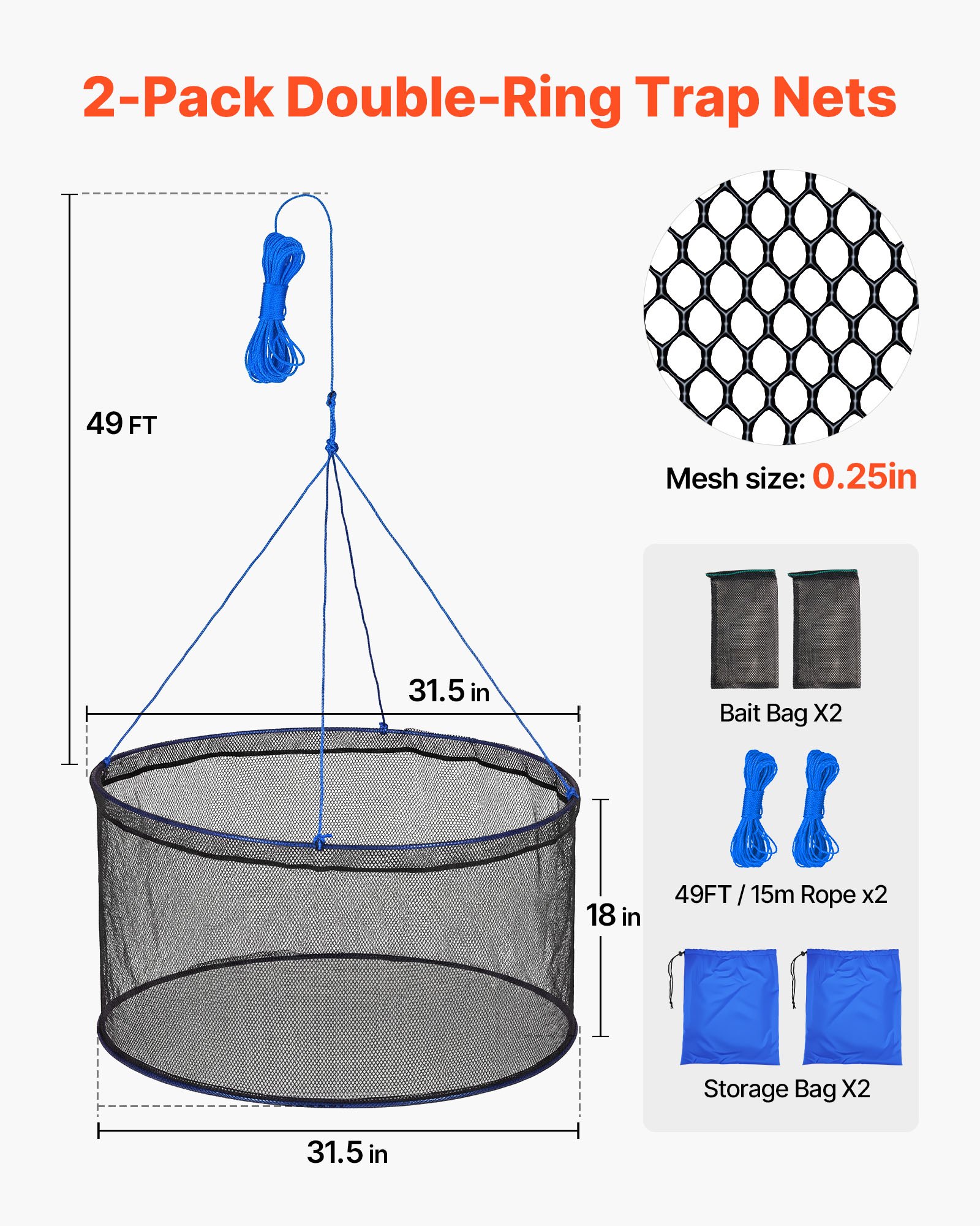 VEVOR Trampa para Cangrejos 2 Piezas 80 x 45 cm, Doble Anillo, Trampa de Red de Pesca Nailon Recubierto de PVC, con Cuerda y Bolsa de Almacenamiento, para Pececillos, Cangrejos de Río, Camarones