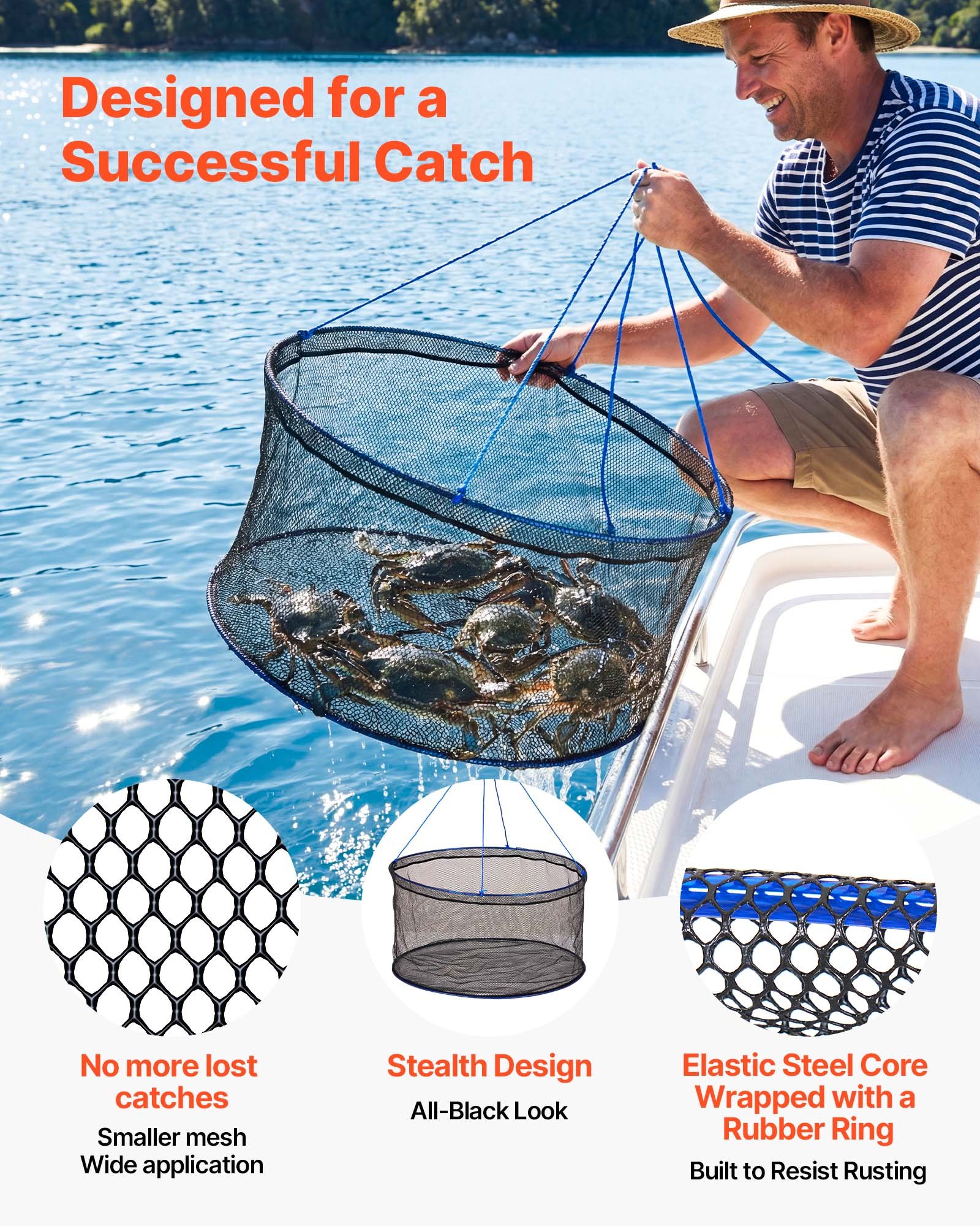 VEVOR Trampa para Cangrejos 2 Piezas 80 x 45 cm, Doble Anillo, Trampa de Red de Pesca Nailon Recubierto de PVC, con Cuerda y Bolsa de Almacenamiento, para Pececillos, Cangrejos de Río, Camarones