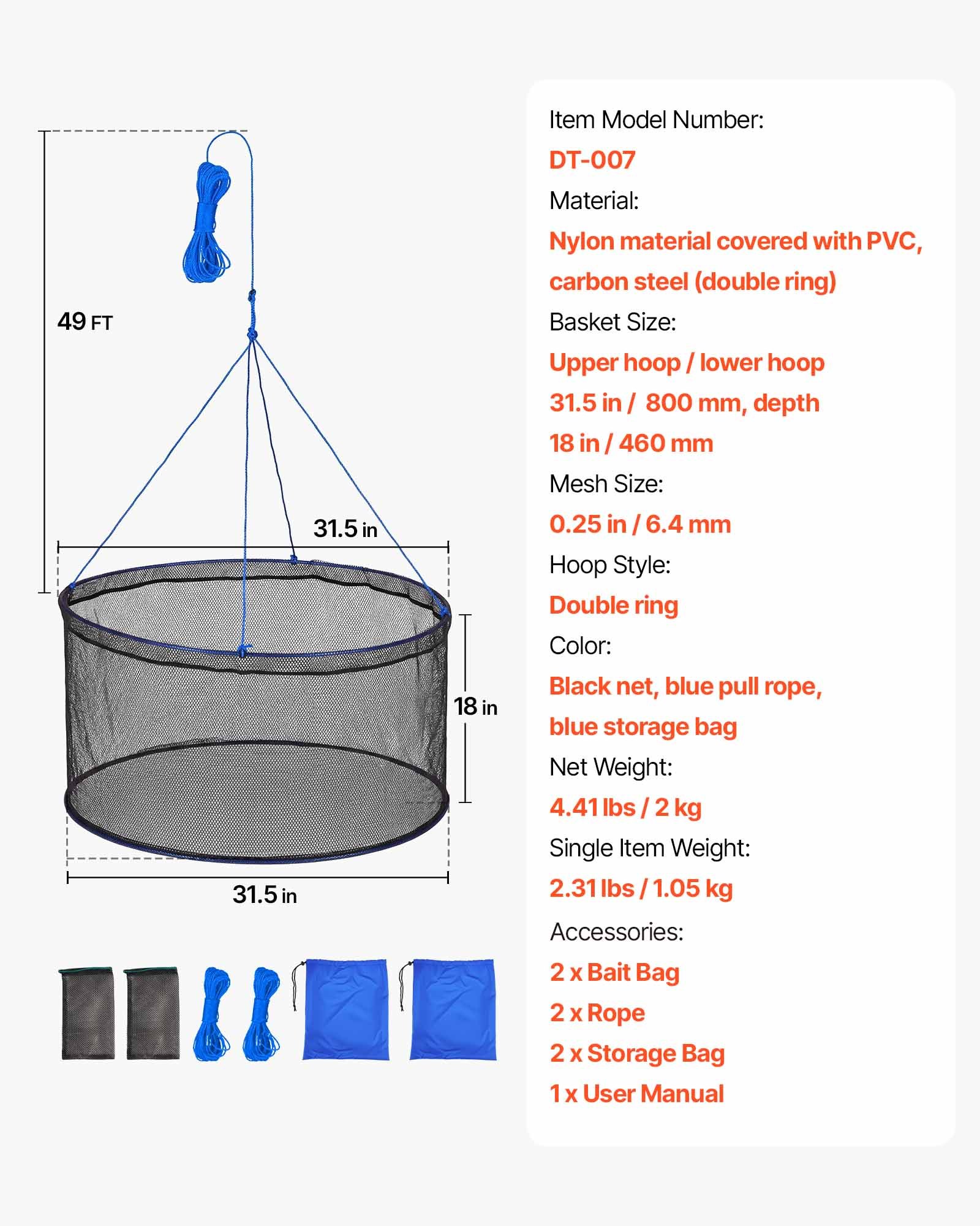 VEVOR Trampa para Cangrejos 2 Piezas 80 x 45 cm, Doble Anillo, Trampa de Red de Pesca Nailon Recubierto de PVC, con Cuerda y Bolsa de Almacenamiento, para Pececillos, Cangrejos de Río, Camarones