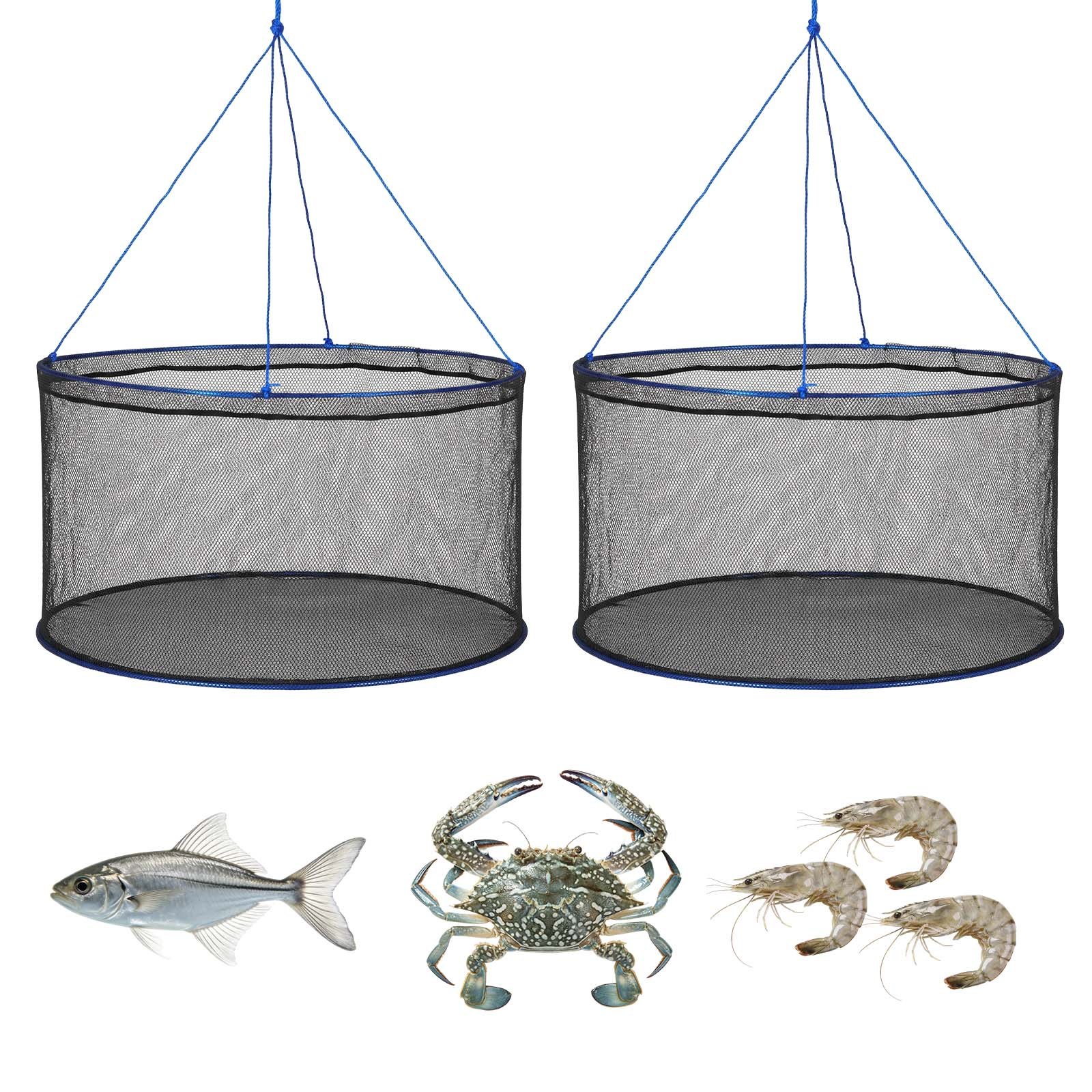 VEVOR Trampa para Cangrejos 2 Piezas 80 x 45 cm, Doble Anillo, Trampa de Red de Pesca Nailon Recubierto de PVC, con Cuerda y Bolsa de Almacenamiento, para Pececillos, Cangrejos de Río, Camarones